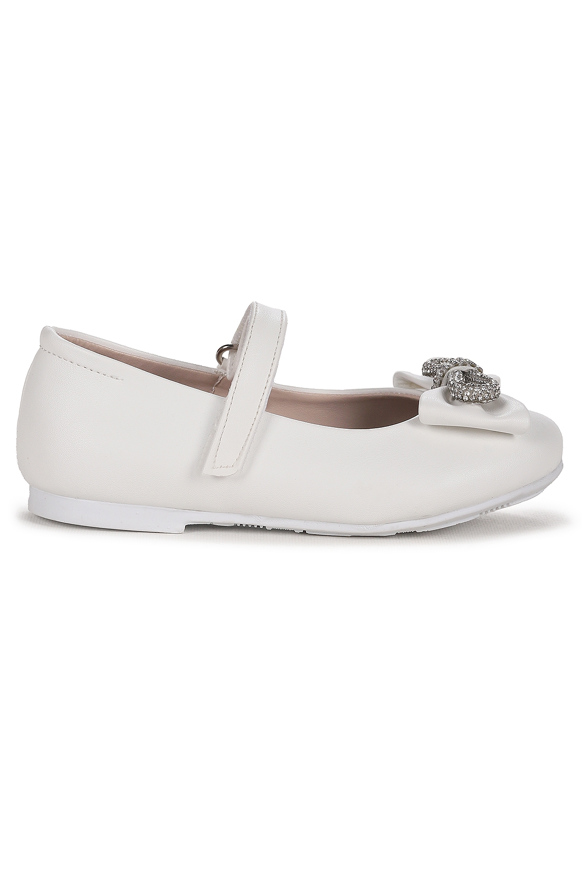 Bowtie Papyon Taşlı Cırtlı Kız Çocuk Babet Ayakkabı Beyaz - Görsel 5