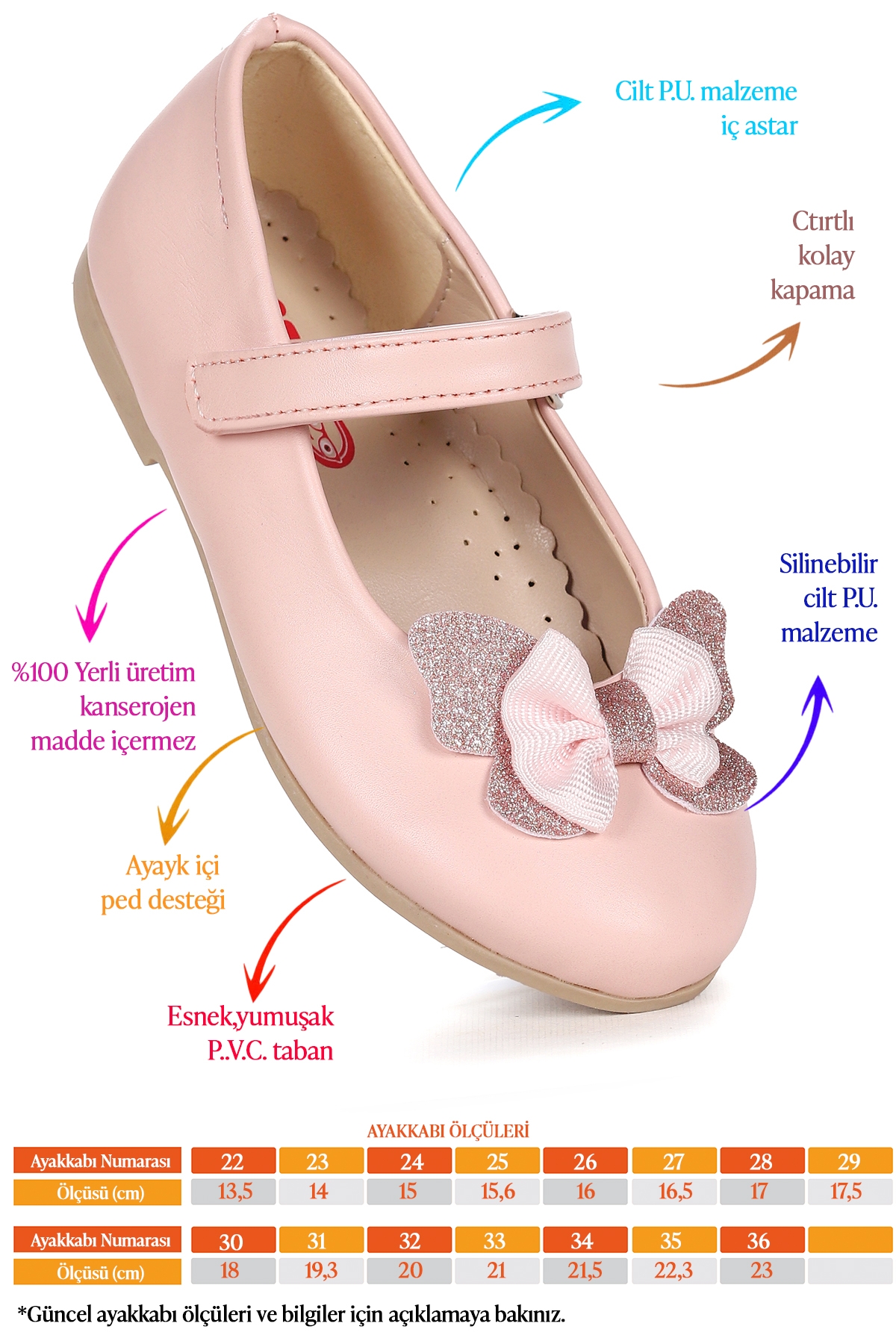 Taşlı Cırtlı Kız Çocuk Fiyonklu Babet Ayakkabı Ege 204 Cilt Pudra - Görsel 3