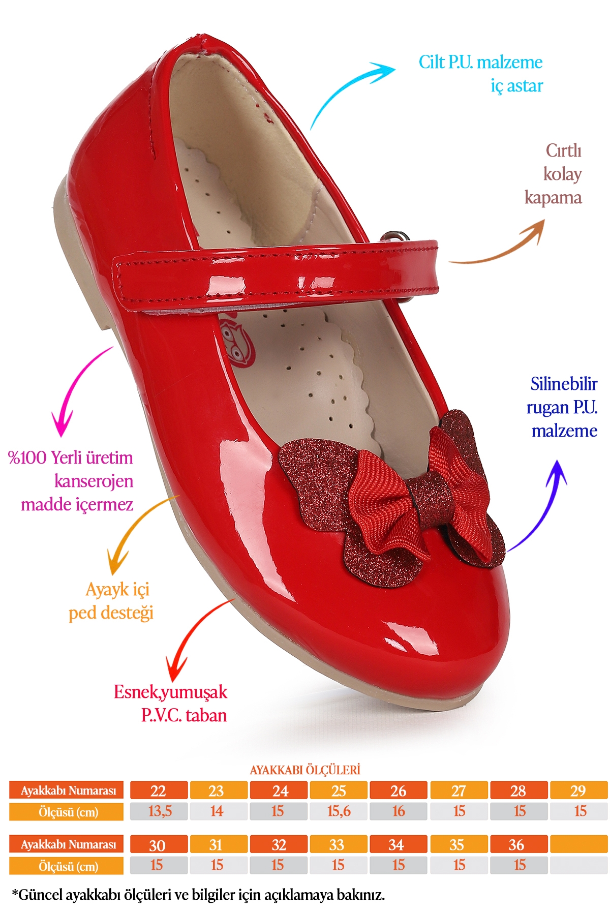 Taşlı Cırtlı Kız Çocuk Fiyonklu Babet Ayakkabı Ege 204 Rugan Kırmızı - Görsel 3