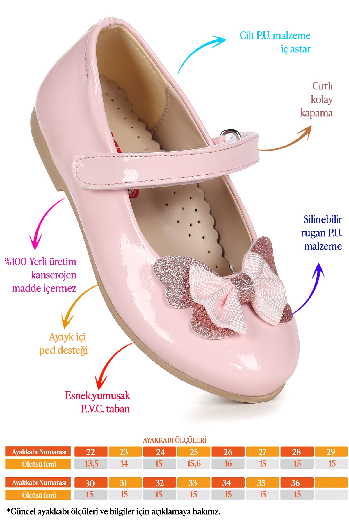 Taşlı Cırtlı Kız Çocuk Fiyonklu Babet Ayakkabı Ege 204 Rugan Pudra - Görsel 3