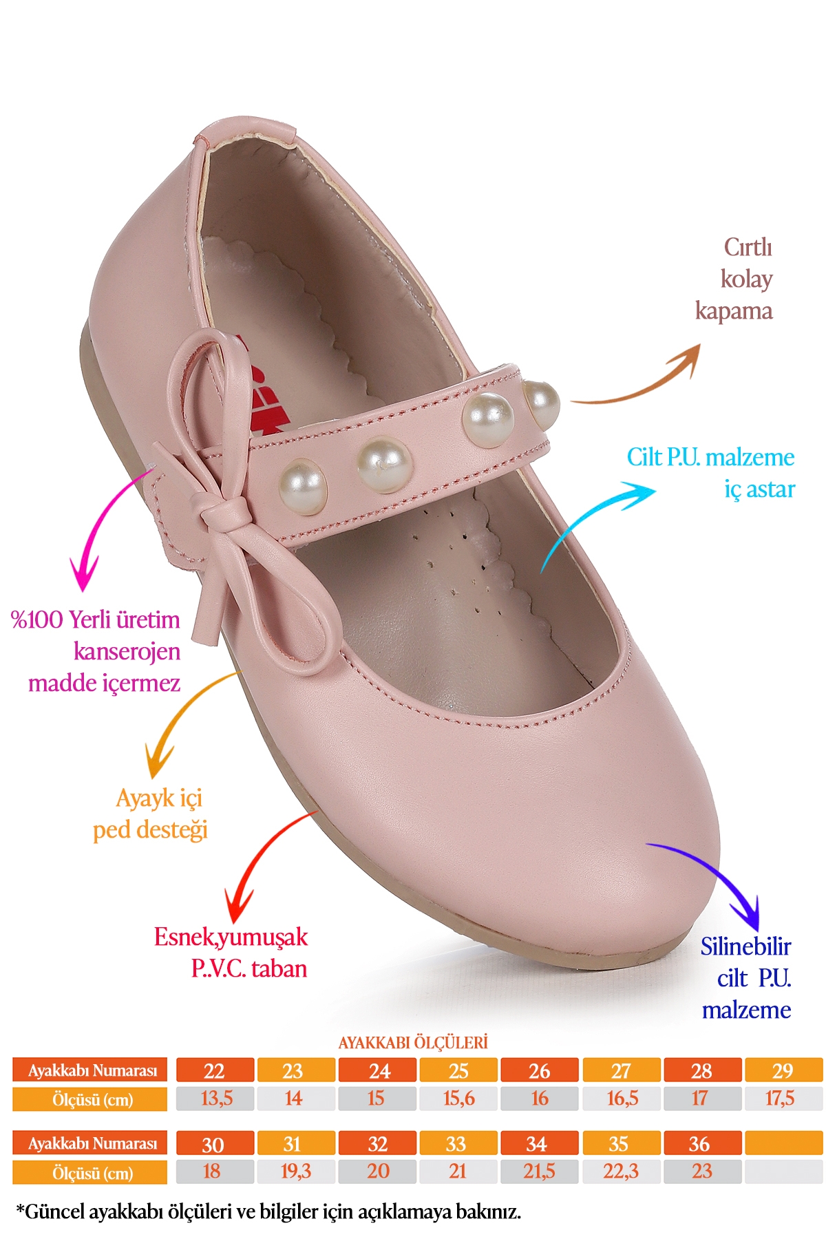 Bareti Cilt İncili Günlük Cırtlı Kız Çocuk Babet Ayakkabı Pudra - Görsel 3