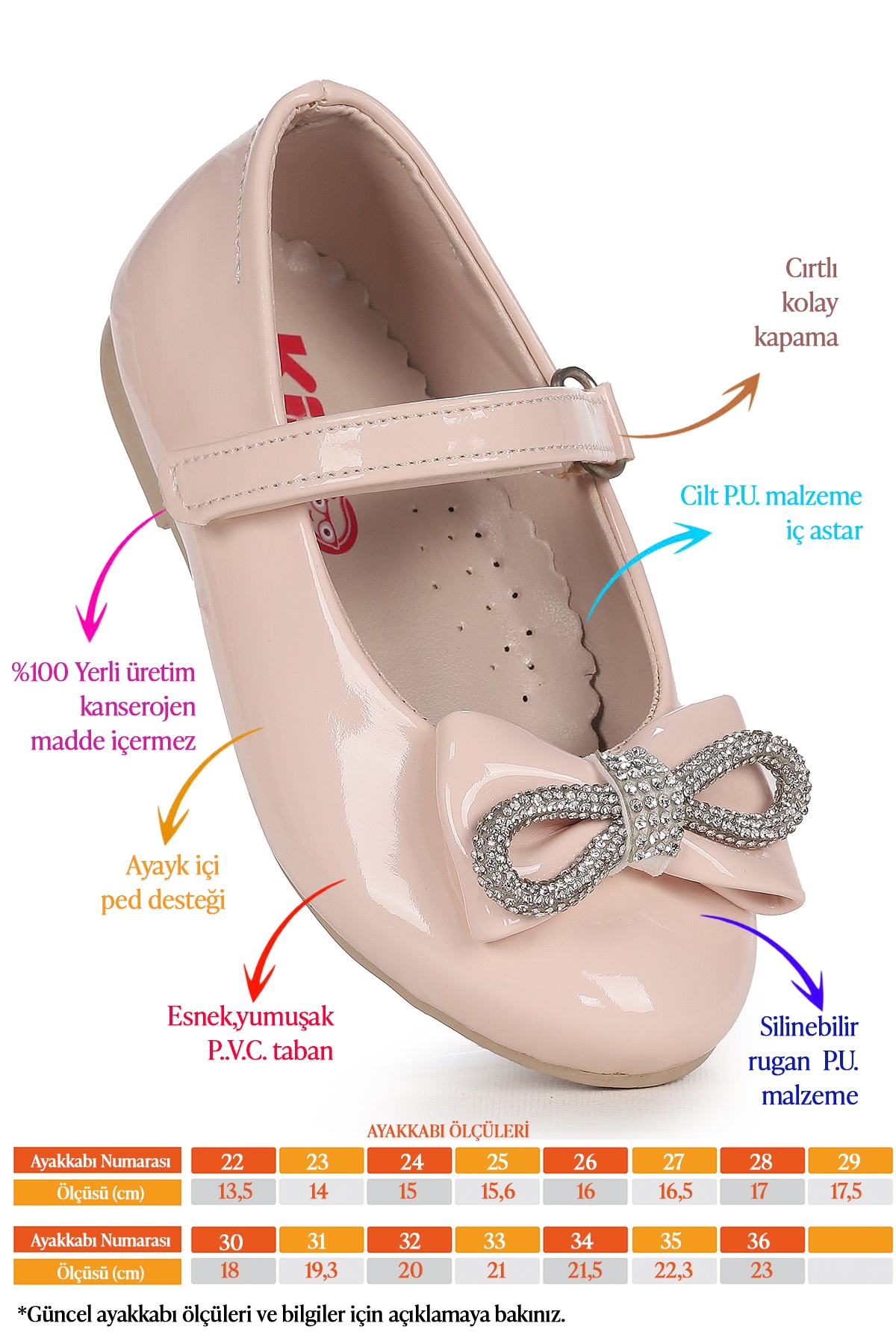 Bowtie Papyon Taşlı Cırtlı Kız Çocuk Babet Ayakkabı Pudra - Görsel 3