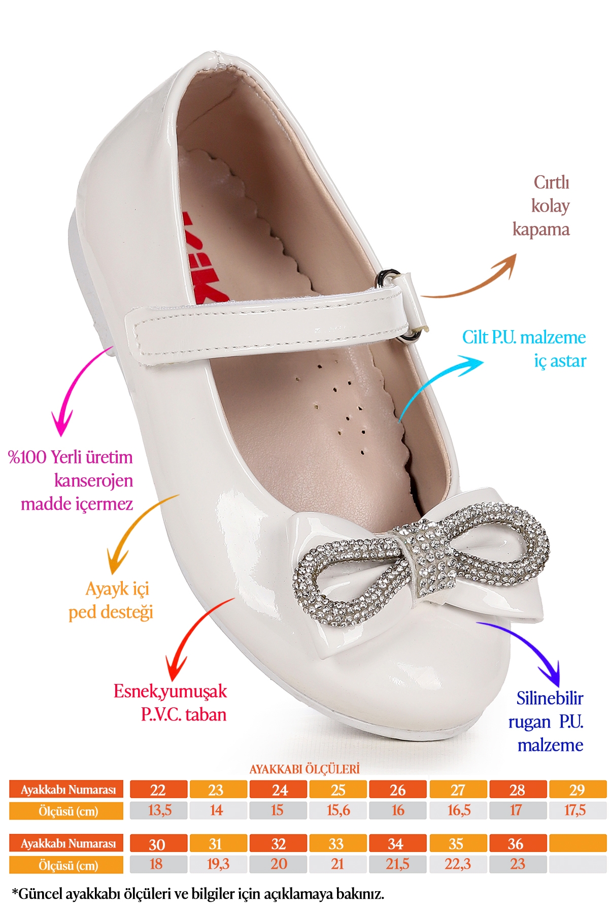 Bowtie Papyon Taşlı Cırtlı Kız Çocuk Babet Ayakkabı Beyaz - Görsel 3