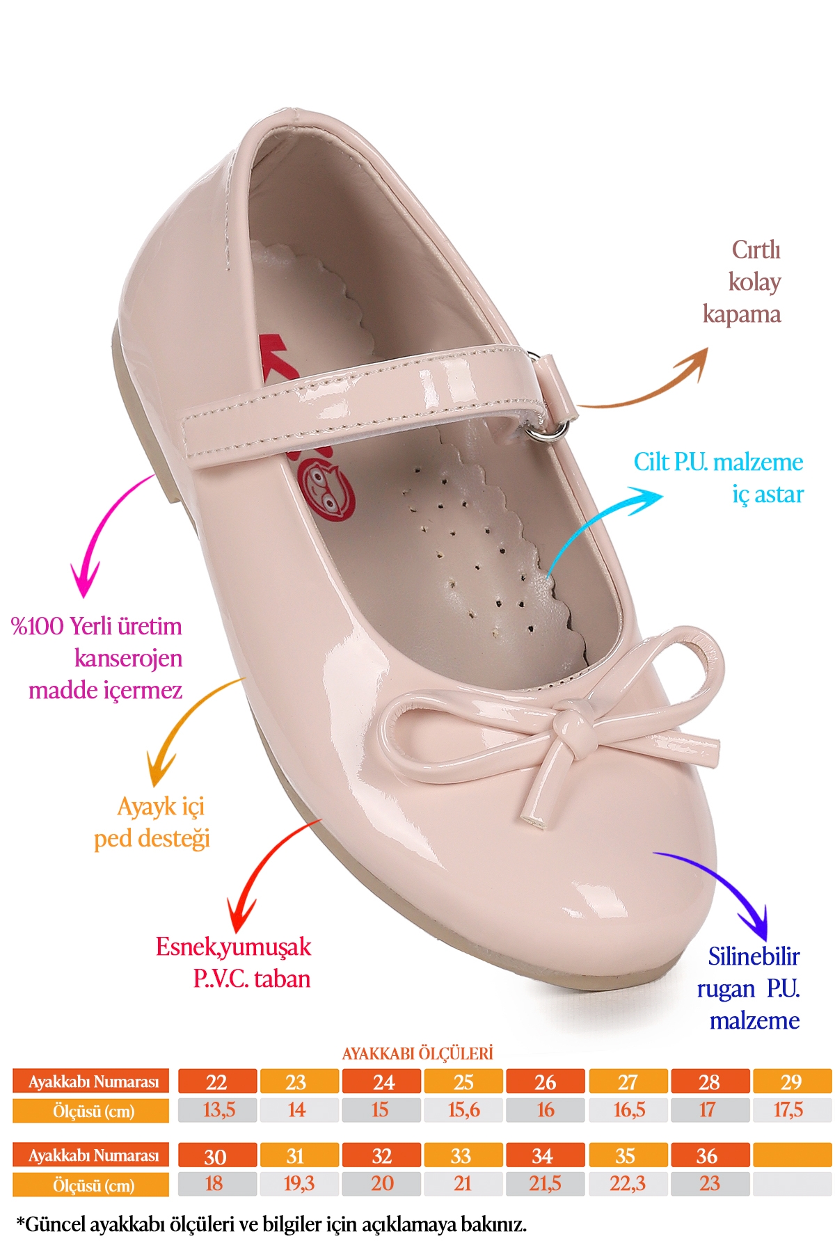 Barbe Rugan Fiyonklu Cırtlı Kız Çocuk Babet Ayakkabı Pudra - Görsel 3