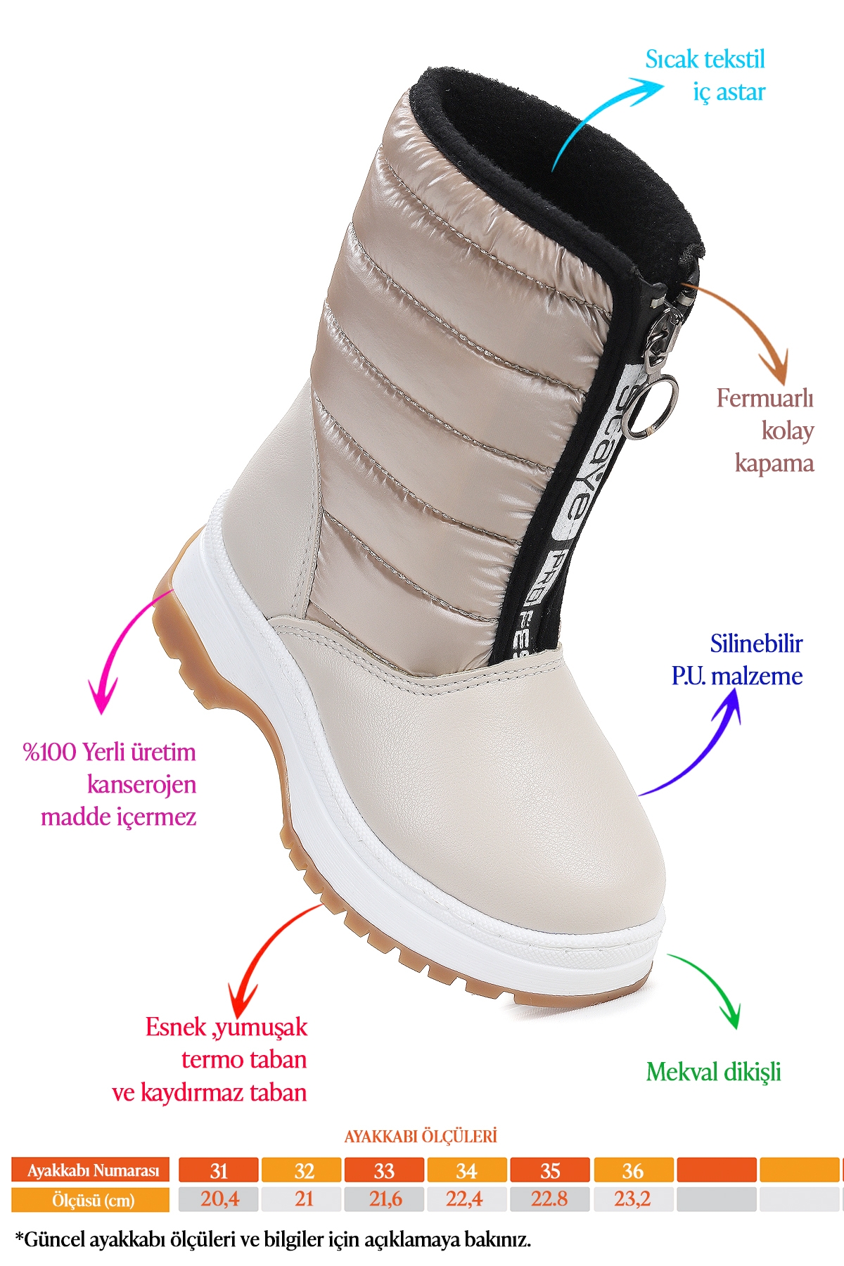 Ronel Cilt Fermuarlı Kız Çocuk Kar Botu Bej - Görsel 3