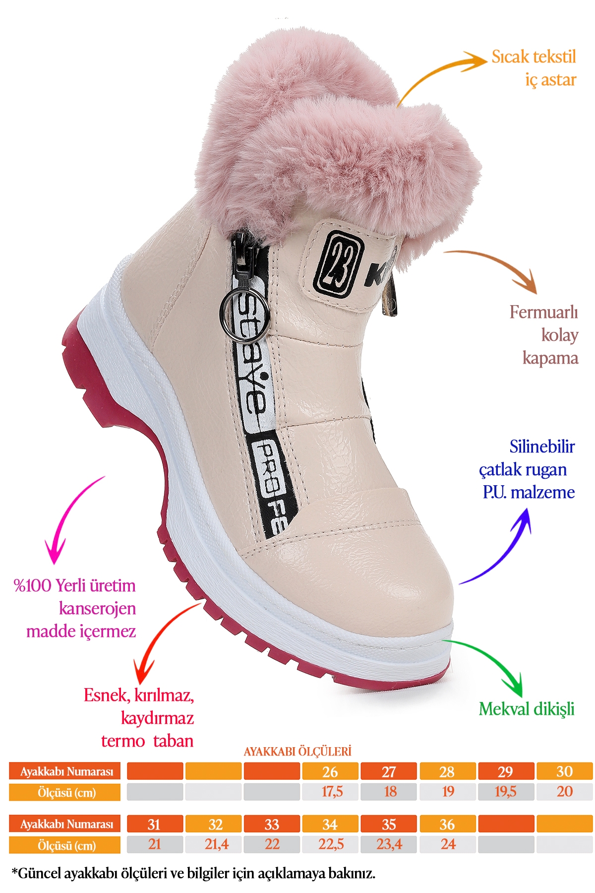 Bente Rugan Çatlak Fermuarlı Kız Çocuk Bot Ayakkabı Pudra - Görsel 3