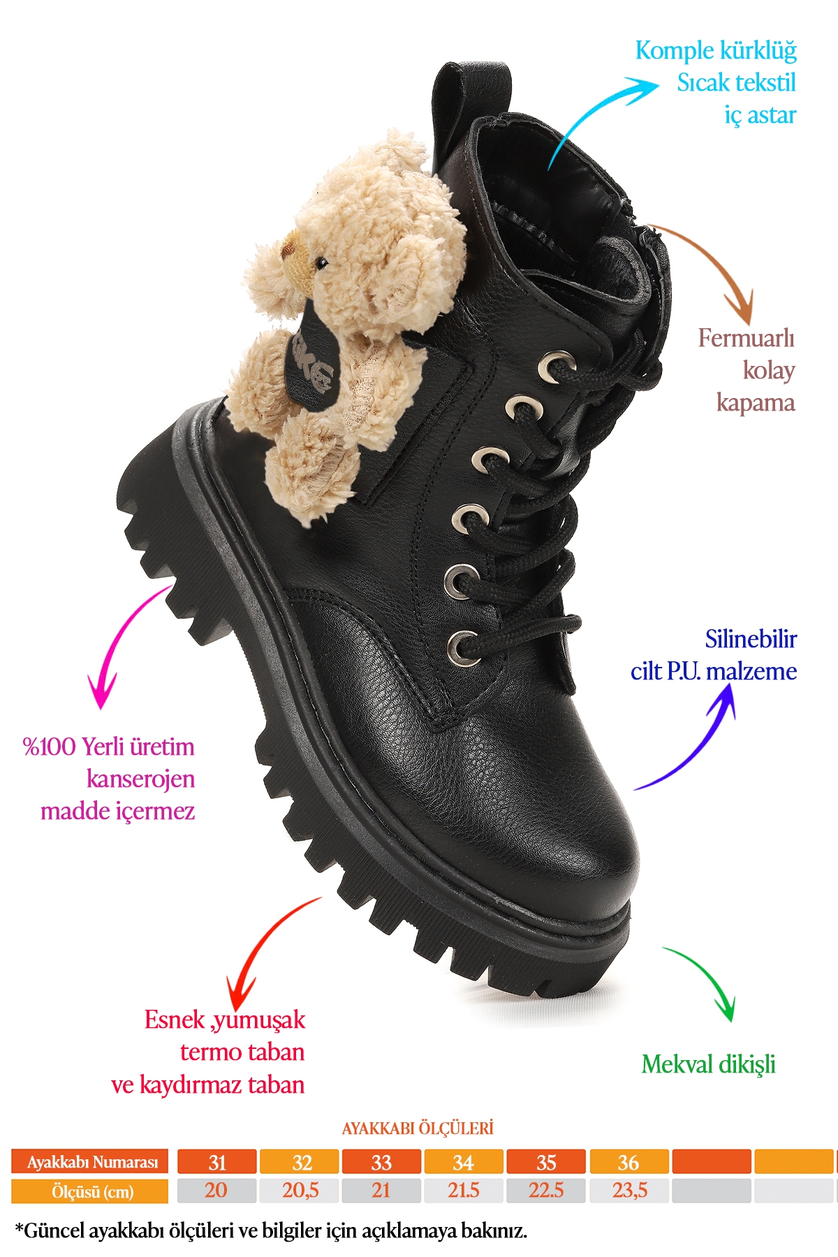 Stanko Ayıcıklı Fermuarlı Kız Çocuk Günlük Bot Ayakkabı Siyah - Görsel 3