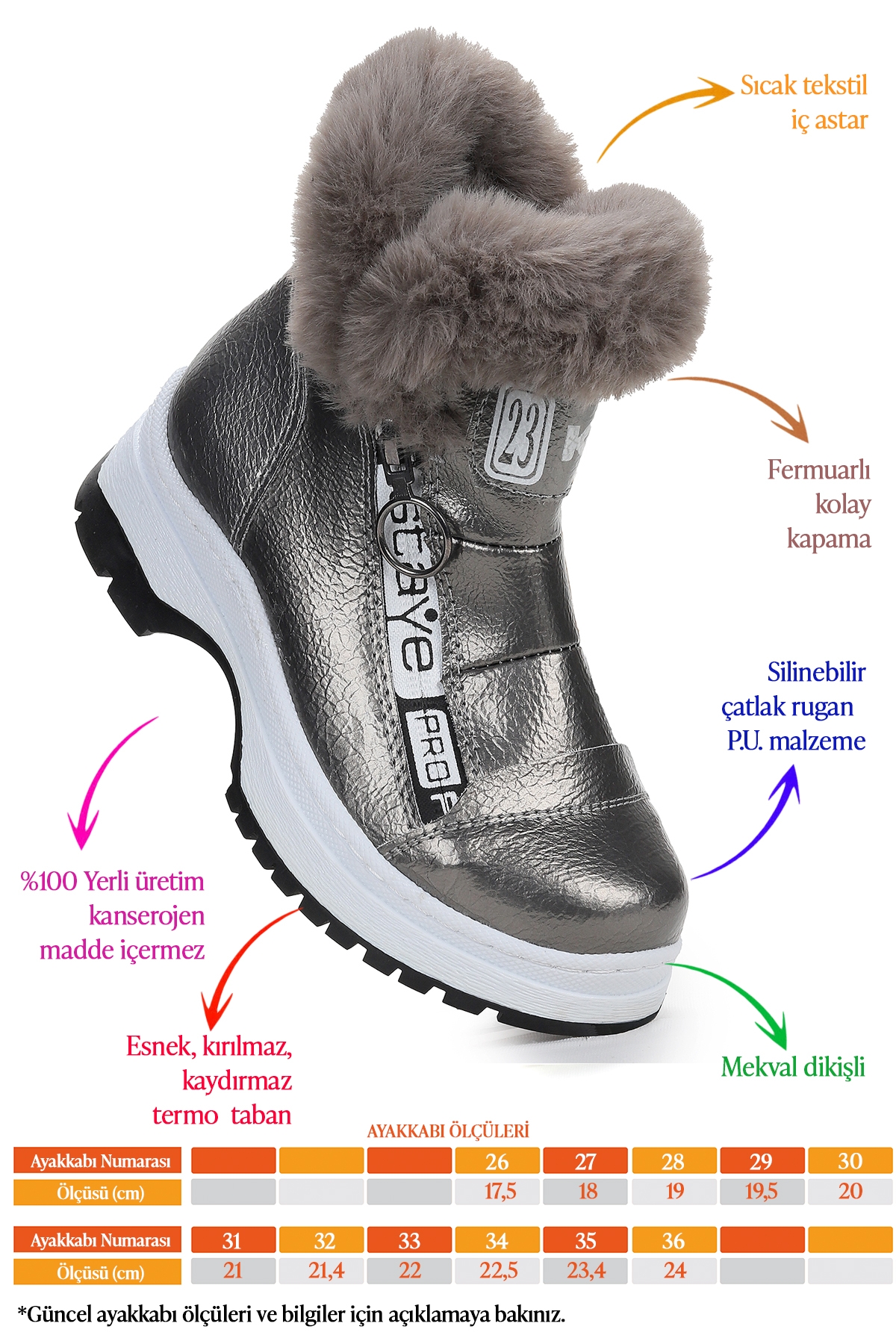 Bente Rugan Çatlak Fermuarlı Kız Çocuk Bot Ayakkabı Platin - Görsel 3