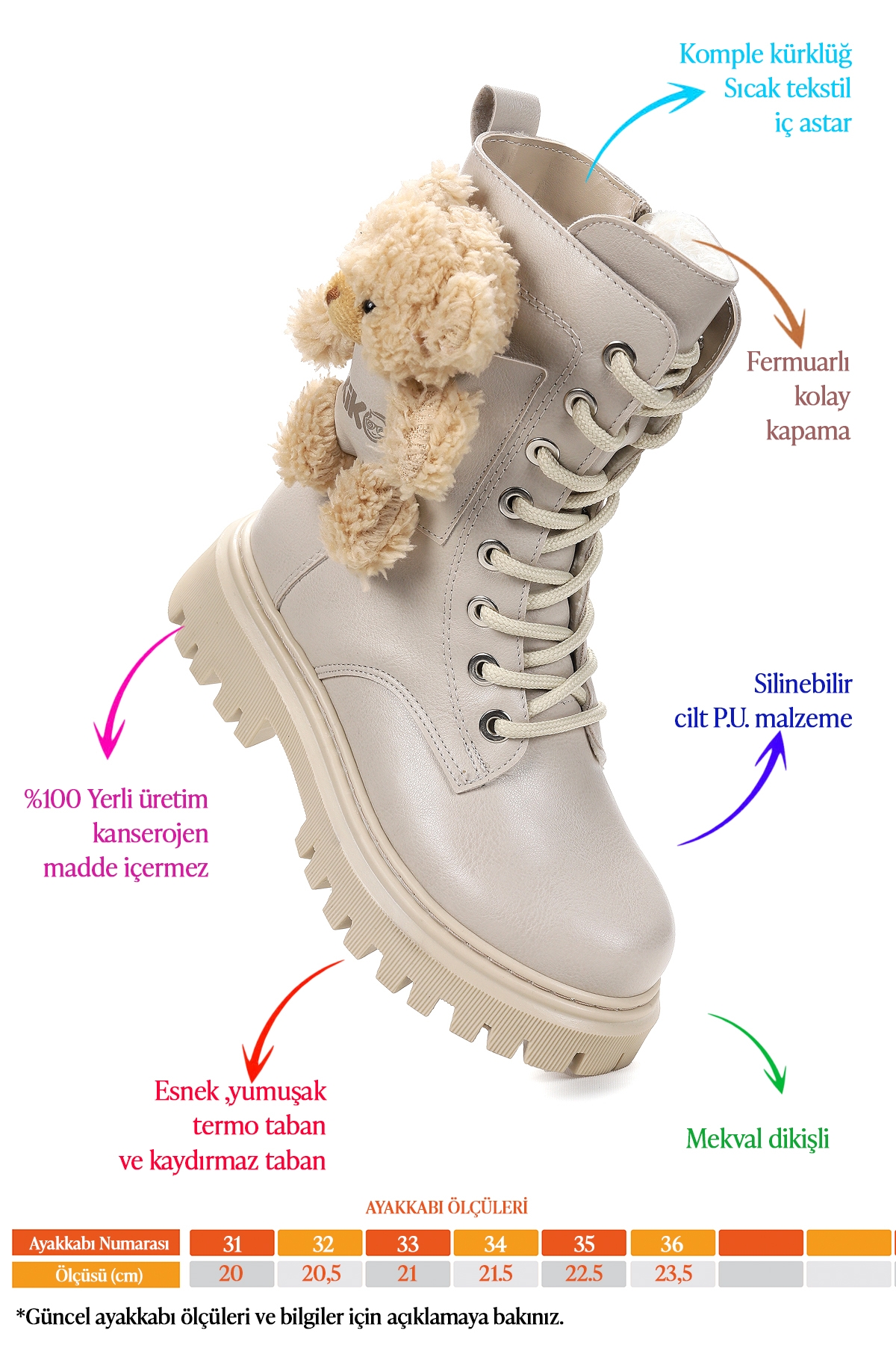 Stanko Ayıcıklı Fermuarlı Kız Çocuk Günlük Bot Ayakkabı Bej - Görsel 3