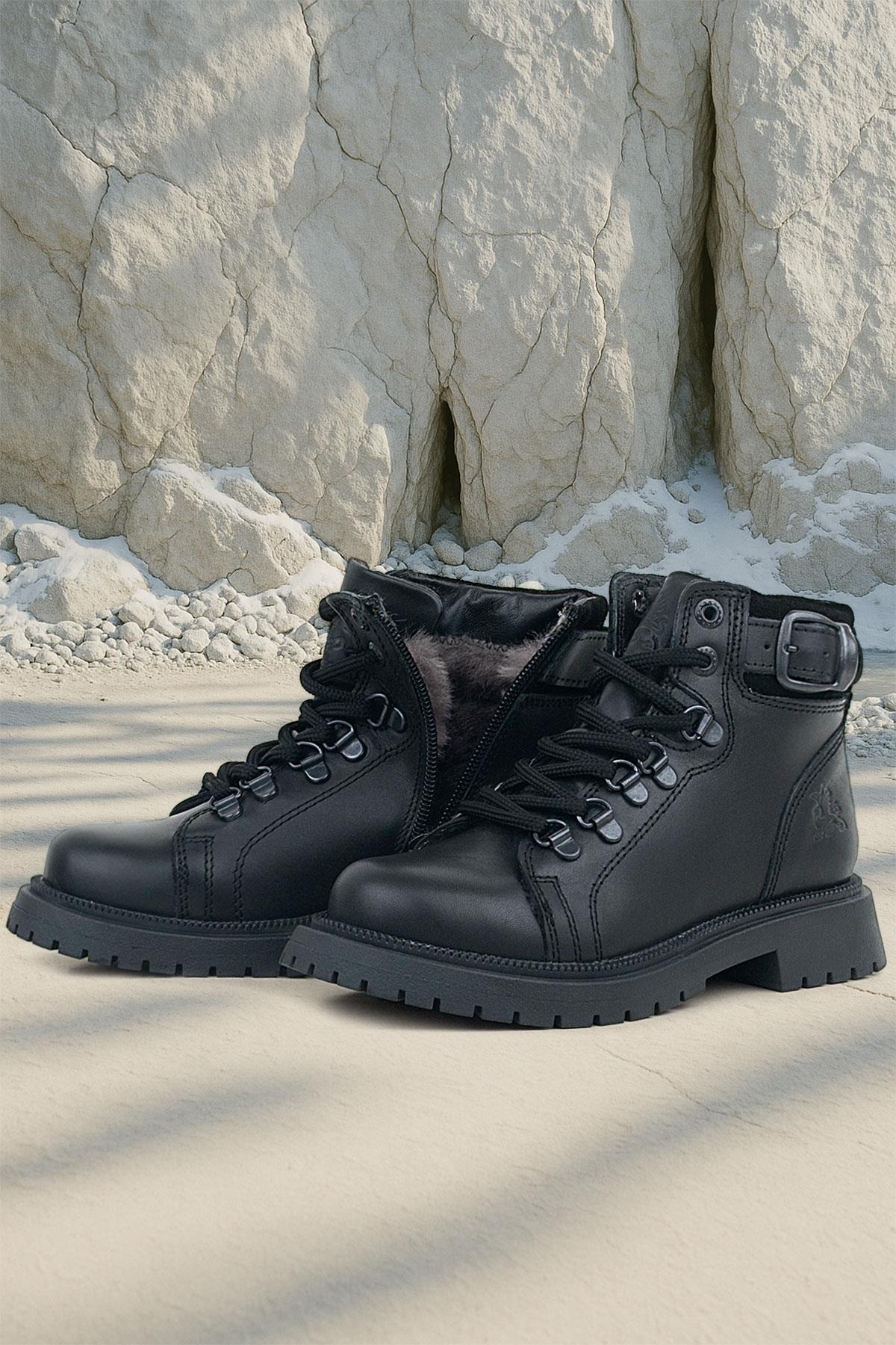 Gerçek Kürklü Hakiki Deri Siyah Bağcıklı Fermuarlı Çocuk Kar Botu - Görsel 3