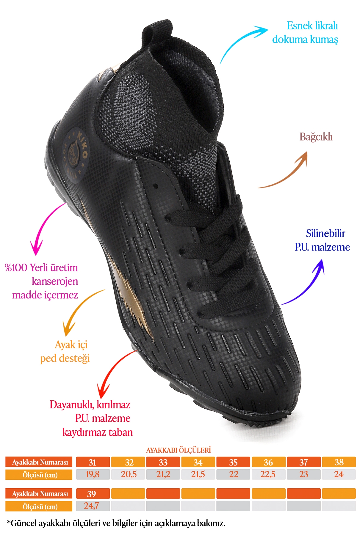 Tusa FHS Boğazlı Halı Saha Erkek Çocuk Futbol Ayakkabı Siyah - Altın - Görsel 3