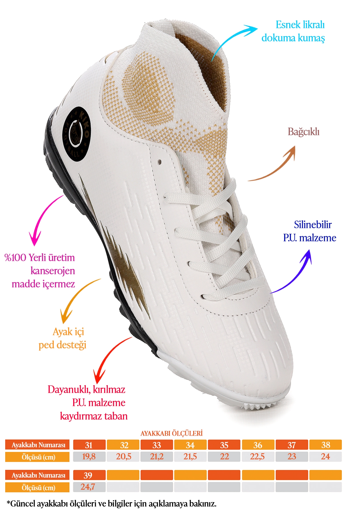 Tusa FHS Boğazlı Halı Saha Erkek Çocuk Futbol Ayakkabı Beyaz - Altın - Görsel 3