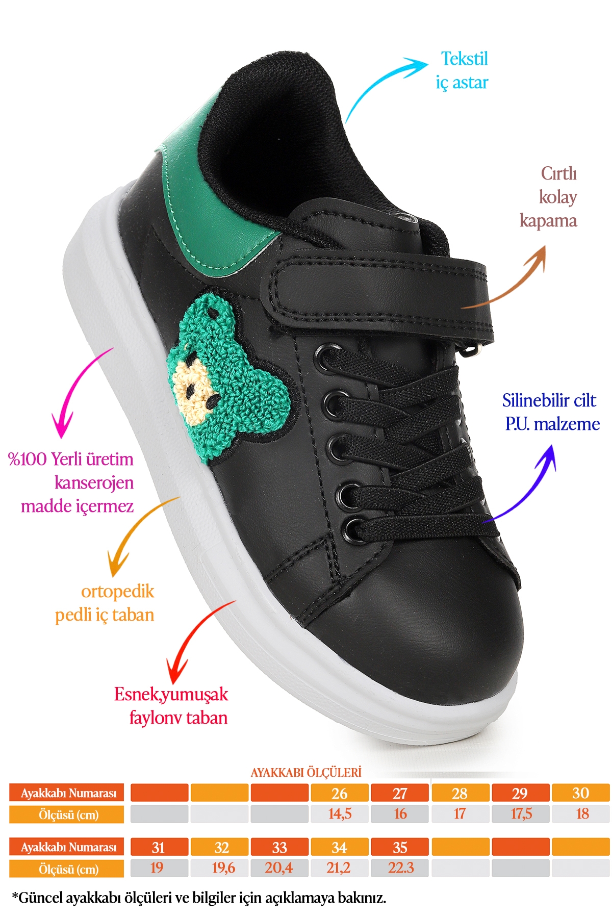 Artela Cırtlı Kız Çocuk Günlük Spor Ayakkabı Siyah - Yeşil - Görsel 3