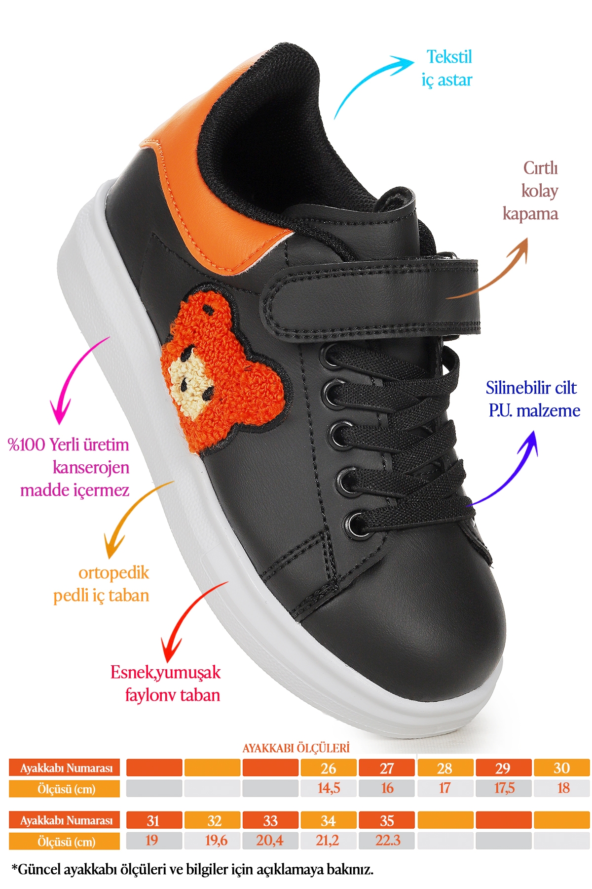 Kiko Kids Kiko Kids Artela Cırtlı Kız Çocuk Günlük Spor Ayakkabı Siyah - Turuncu Sneaker | Flo Siyah - 3. görsel