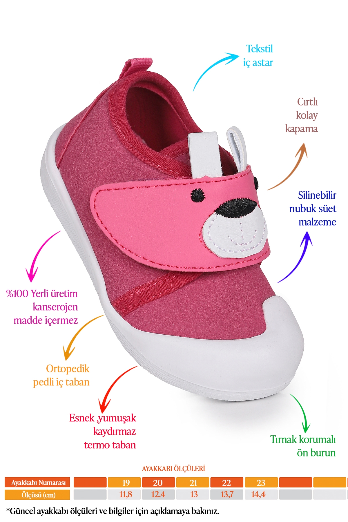 Winni Cırtlı Kız Bebek İlk Adım Ortopedik Günlük Ayakkabı Fuşya - Görsel 3