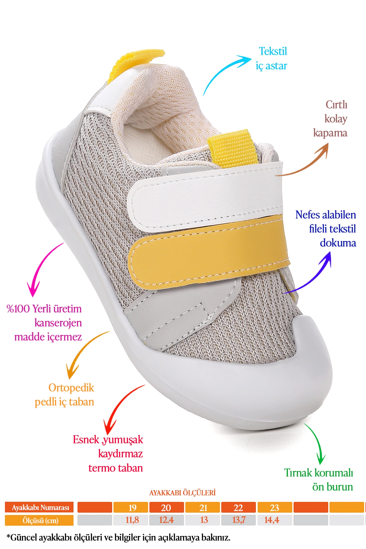 Textile İlk Adım Cırtlı Erkek Bebek Spor Ayakkabı Gri - Sarı - Görsel 3