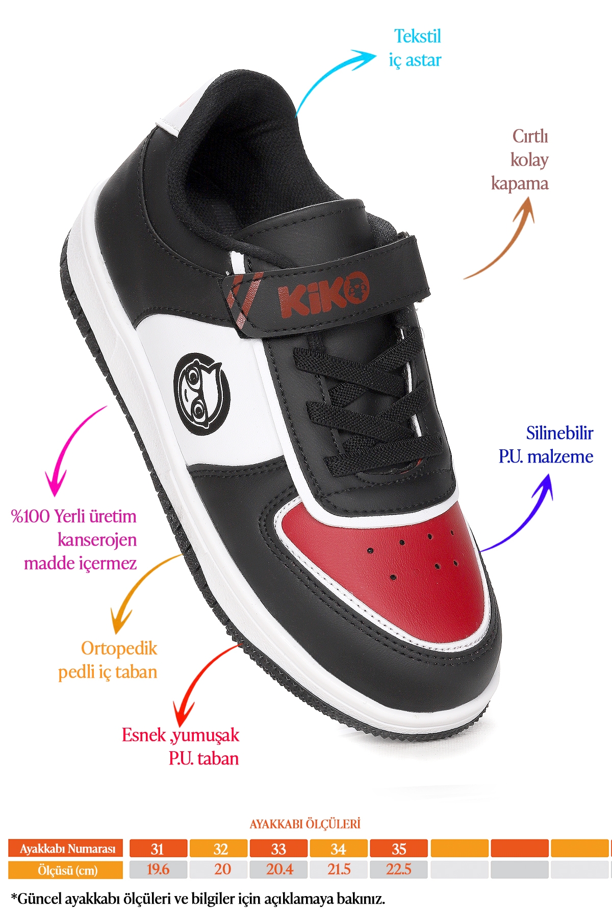 Retka Cırtlı Günlük Erkek Çocuk Spor Ayakkabı Siyah - Beyaz - Kırmızı - Görsel 3