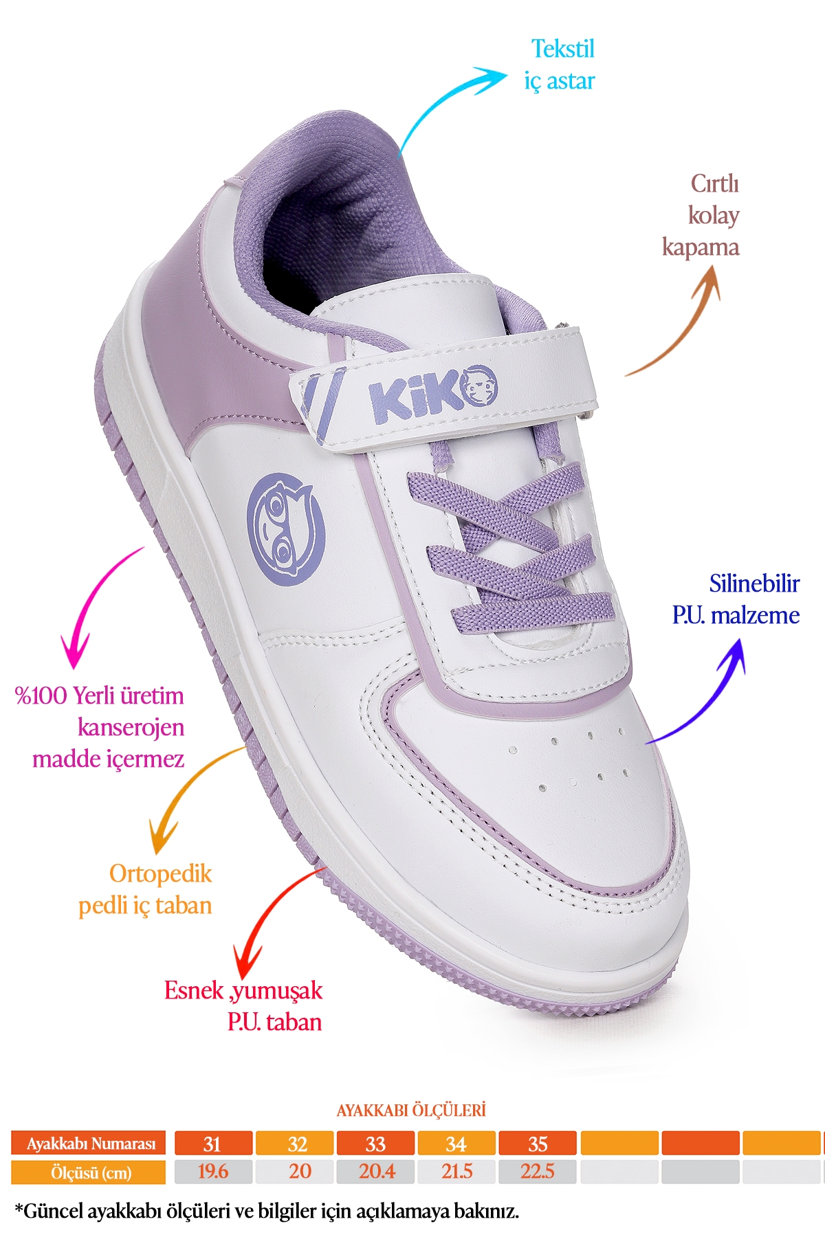 Kiko Kids Kiko Kids Retka Cırtlı Günlük Kız Çocuk Spor Ayakkabı Beyaz - Lila Sneaker | Flo Beyaz - 3. görsel