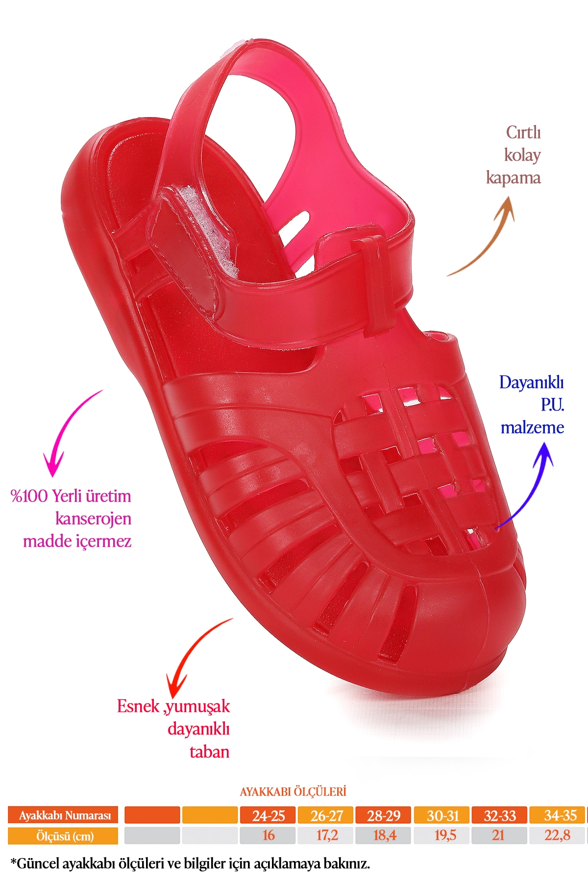 Fina Günlük Deniz Havuz Plaj Kız Çocuk Sandalet Ayakkabı Kırmızı - Görsel 3