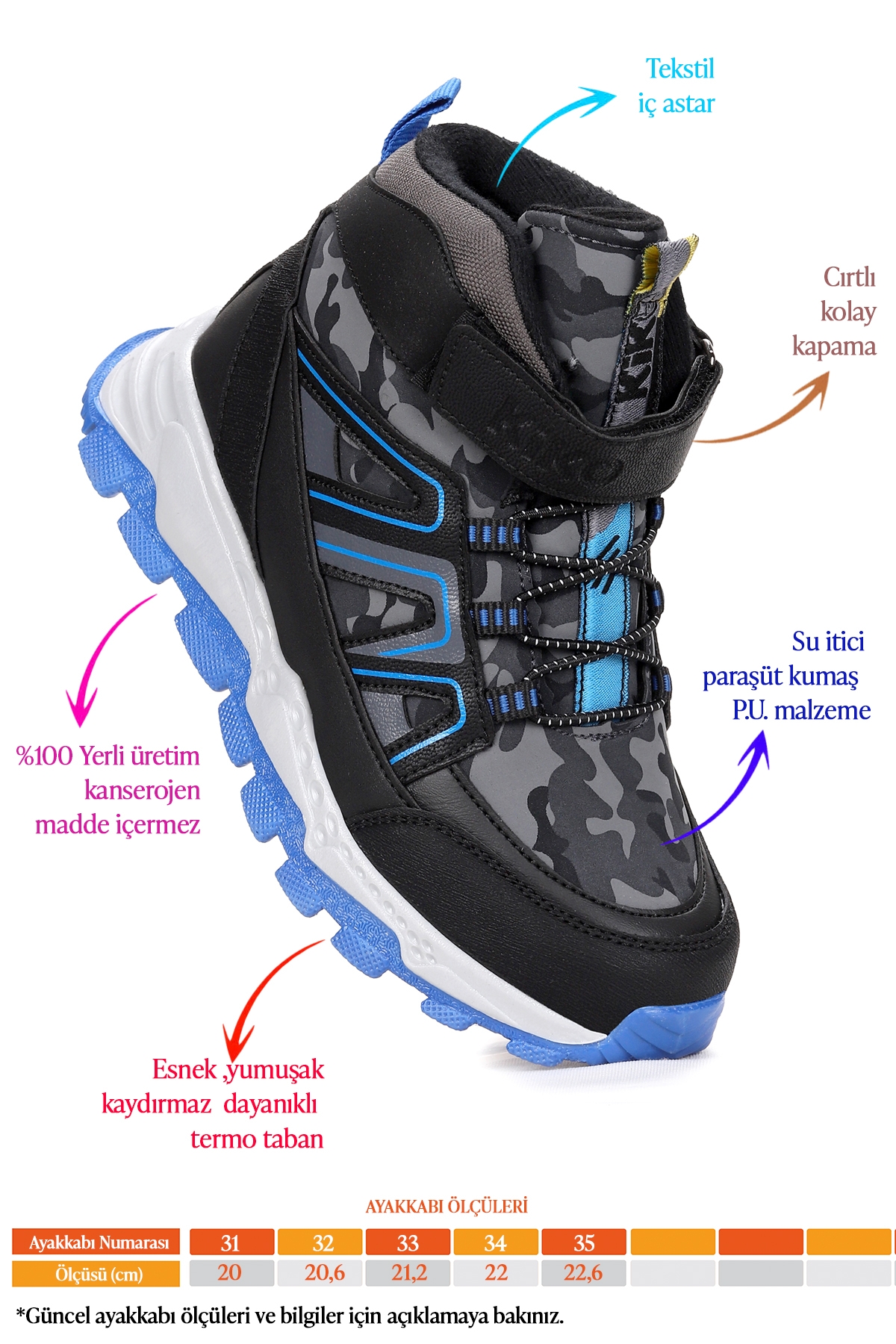 Kcal Termo Taban Cırtlı Erkek Çocuk Spor Bot Ayakkabı Siyah - Saks Mavi - Görsel 3