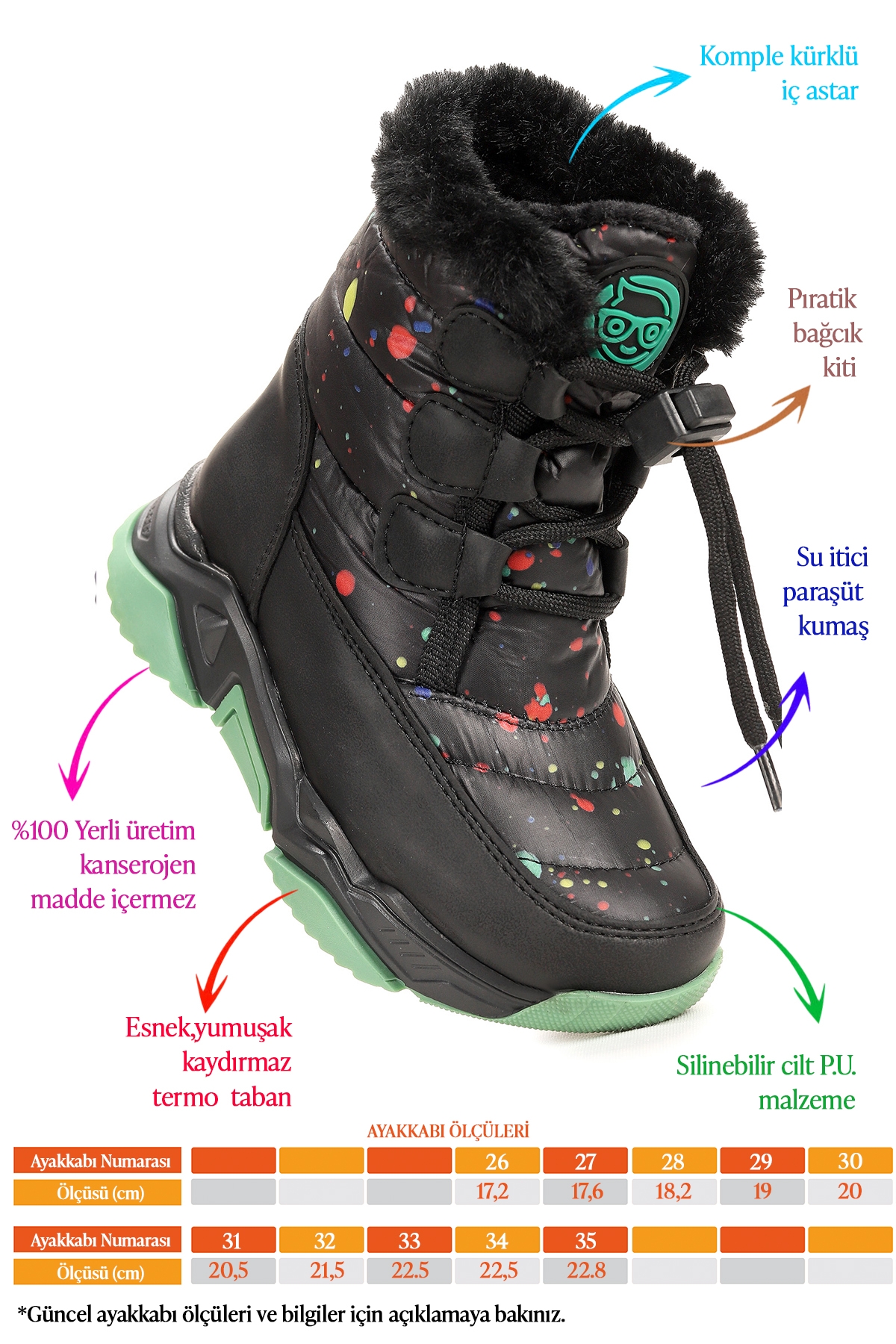 Bambu Bağcıklı Erkek Çocuk Kar Botu Siyah - Yeşil - Görsel 3