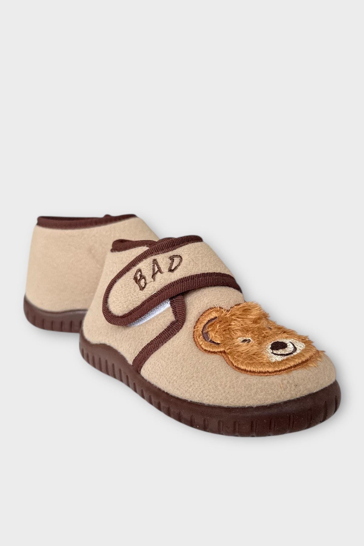 Tematik Cırtlı Çocuk Panduf Okul Kreş Ev Ayakkabısı Kaydırmaz Taban BEJ - SİYAH - Görsel 3