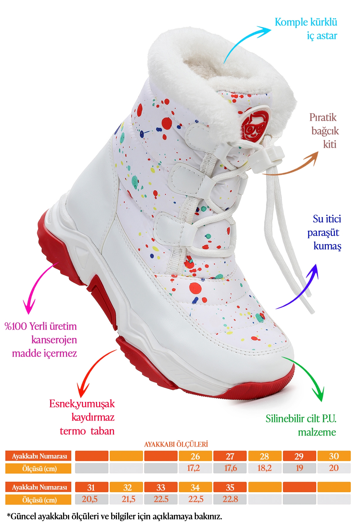 Bambu Bağcıklı Kız Çocuk Kar Botu Beyaz - Kırmızı - Görsel 3