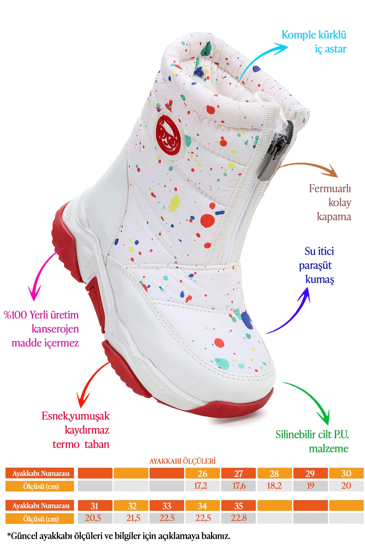 Mars Fermuarlı Kız Çocuk Kar Botu Beyaz - Kırmızı - Görsel 3