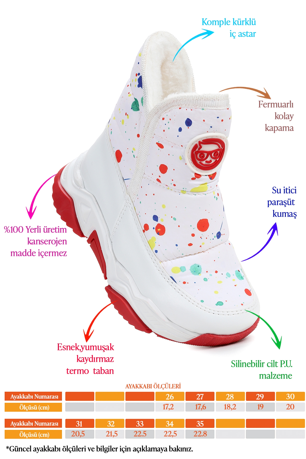 Rocco Fermuarlı Kız Çocuk Kar Botu Beyaz - Kırmızı - Görsel 3
