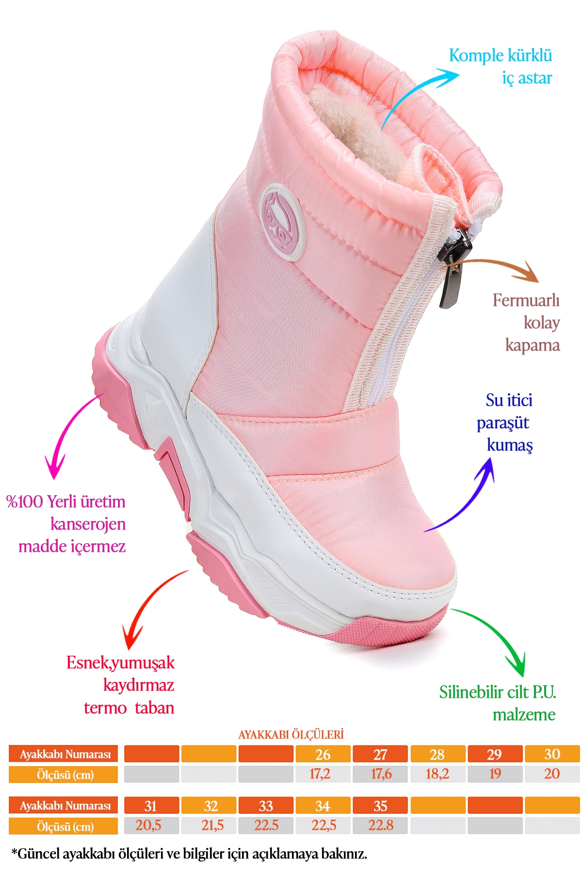 Sumo Fermuarlı Kız Çocuk Kar Botu Pembe - Beyaz - Görsel 3