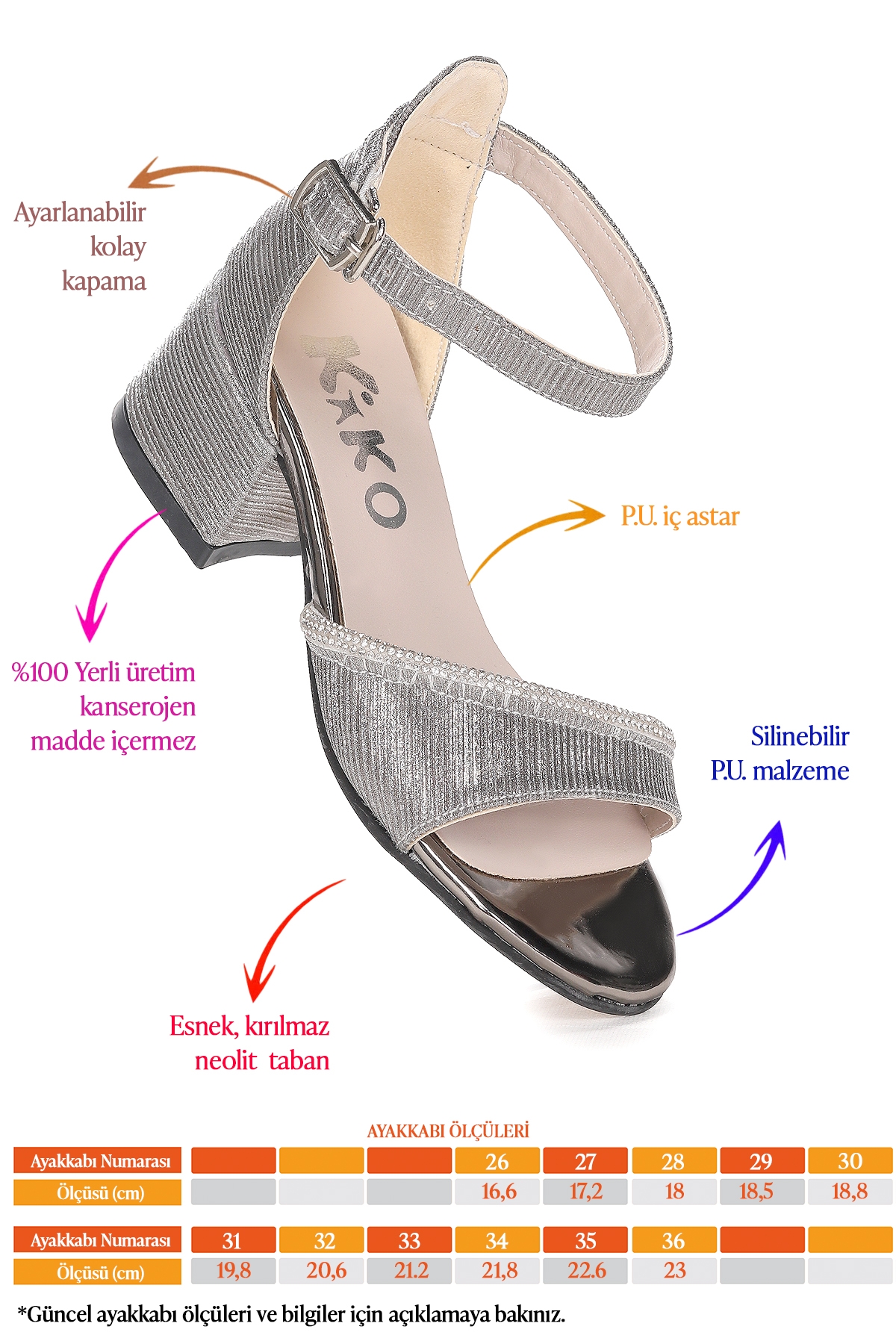 Elos Çizgili Günlük Kız Çocuk 4 Cm Topuklu Sandalet Ayakkabı Platin - Görsel 3