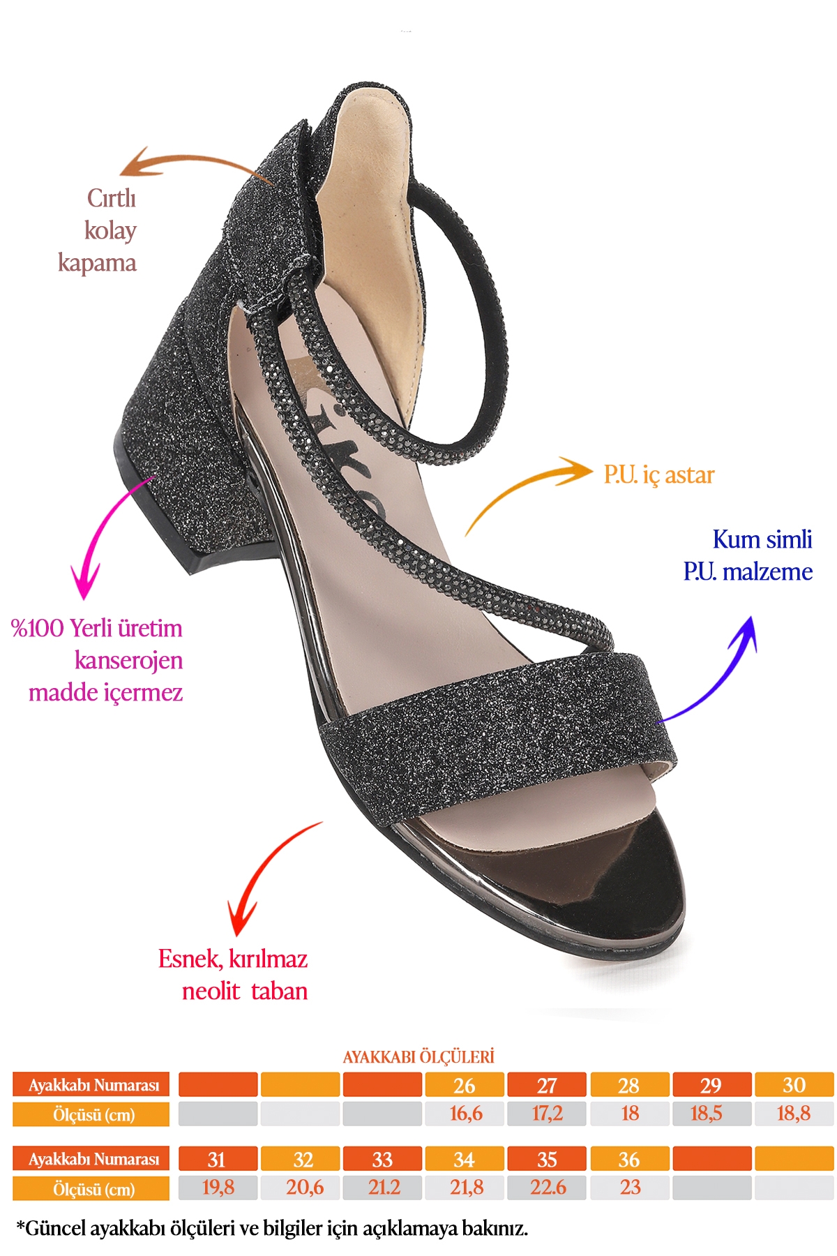 Pisar Kum Simli Günlük Kız Çocuk 4 Cm Topuklu Sandalet Abiye Ayakkabı Platin - Görsel 3