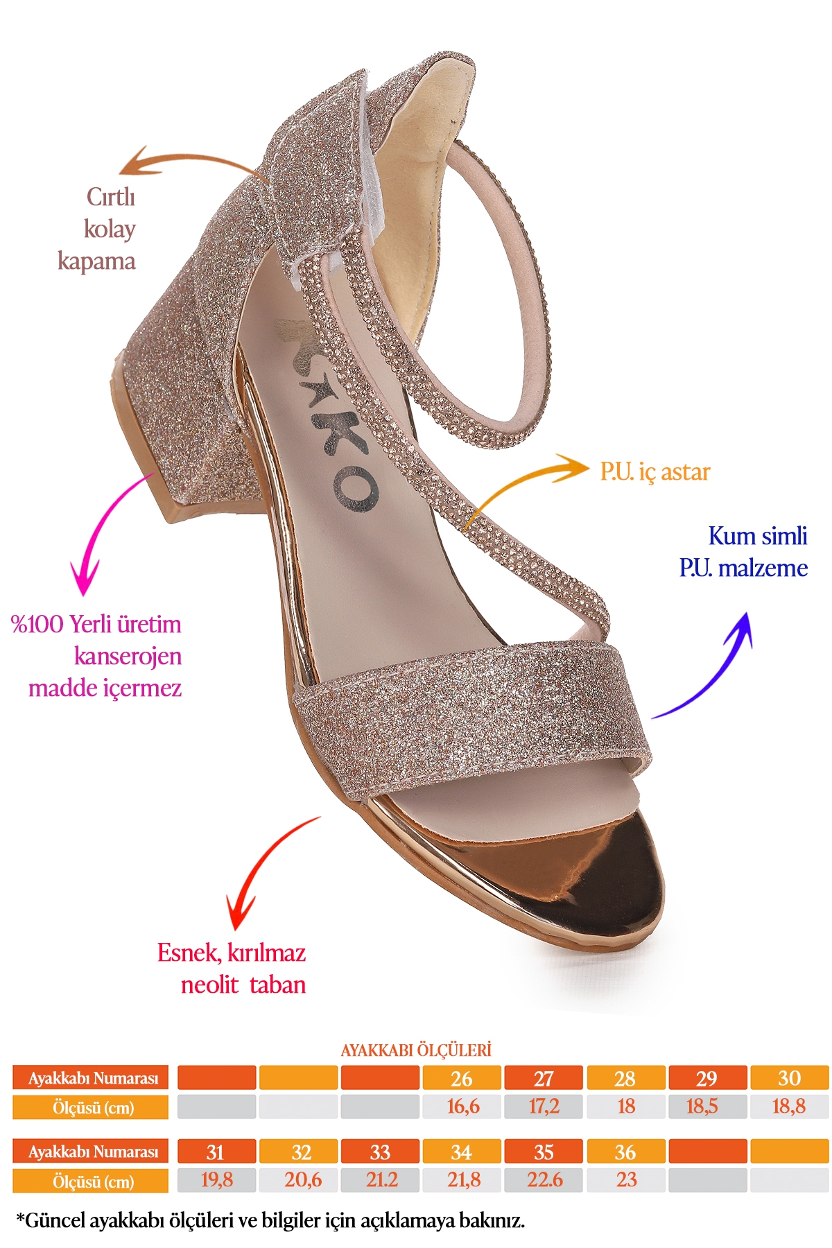 Pisar Kum Simli Günlük Kız Çocuk 4 Cm Topuklu Sandalet Abiye Ayakkabı Bakır - Görsel 3