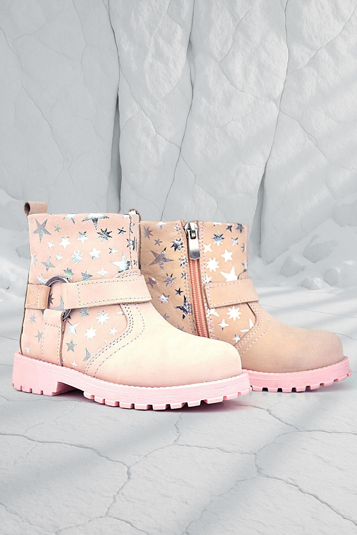 Chiron Hakiki Deri Pudra Yıldız Desenli Fermuarlı Kürklü Kız Çocuk Bot - Görsel 2