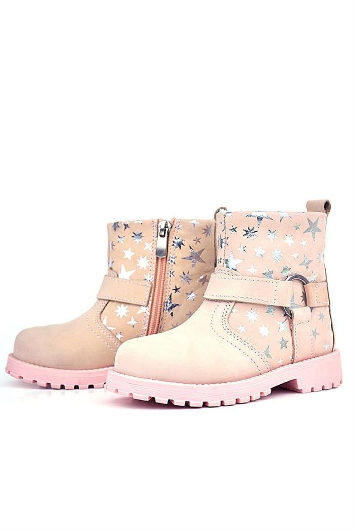 Chiron Hakiki Deri Pudra Yıldız Desenli Fermuarlı Kürklü Kız Çocuk Bot - Görsel 7