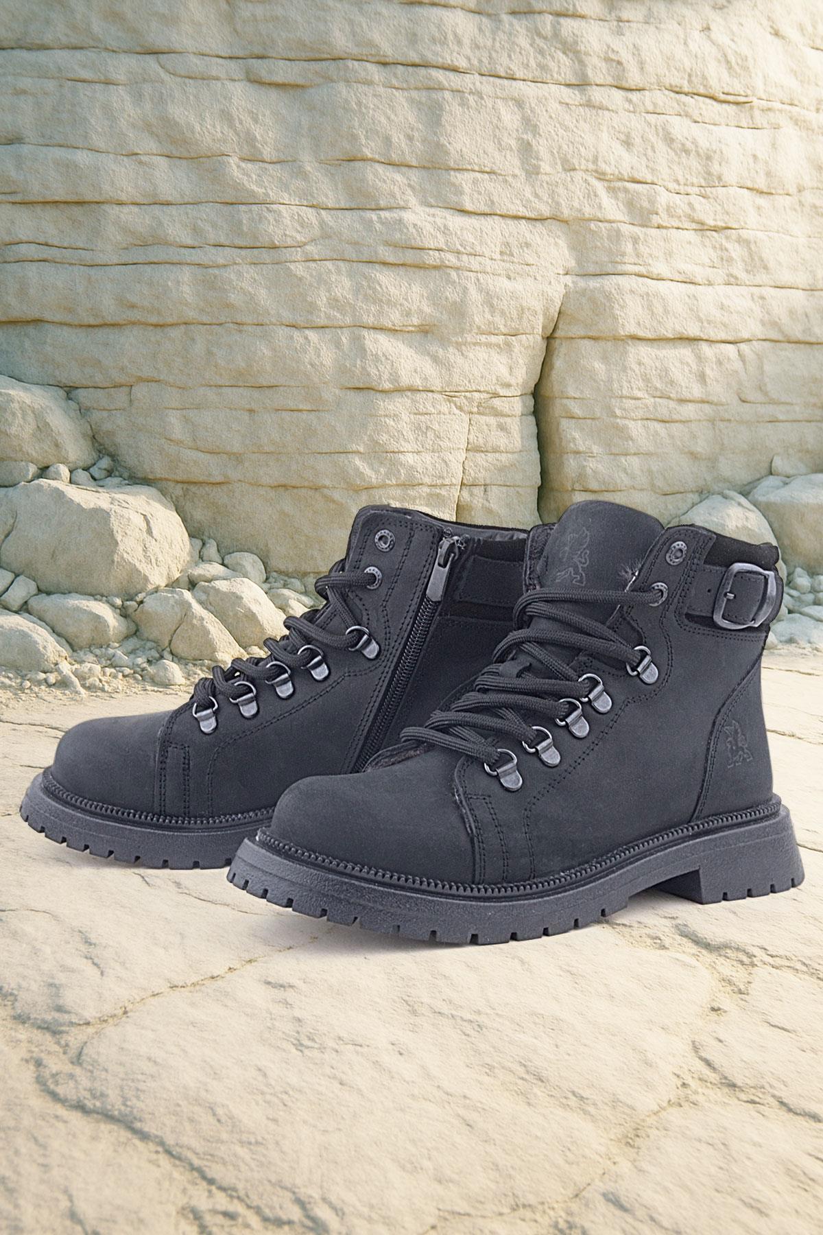 Gerçek Kürklü Hakiki Deri Siyah Nubuk Bağcıklı Fermuarlı Çocuk Kar Botu - Görsel 3