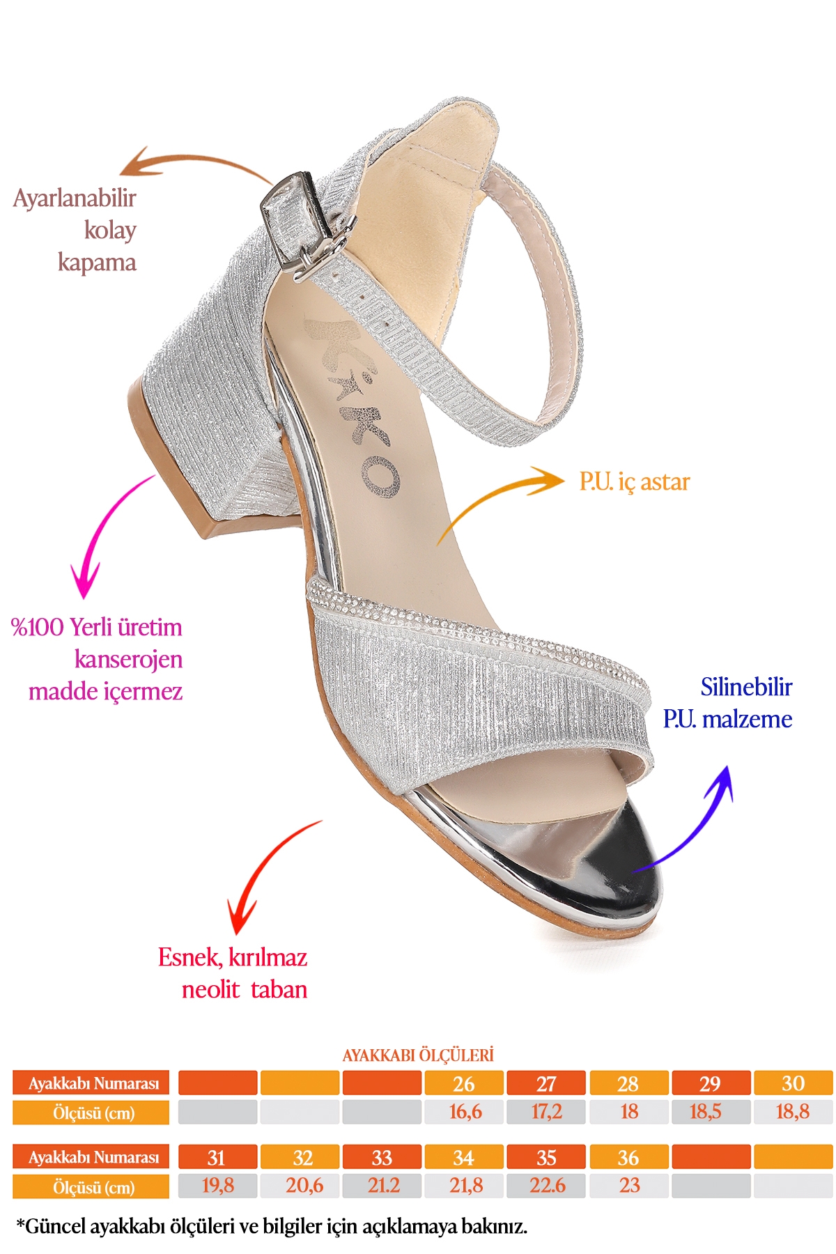 Elos Çizgili Günlük Kız Çocuk 4 Cm Topuklu Sandalet Ayakkabı Gümüş - Görsel 3