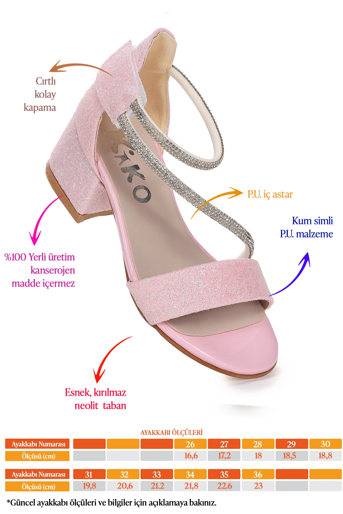 Pisar Kum Simli Günlük Kız Çocuk 4 Cm Topuklu Sandalet Abiye Ayakkabı Pembe - Görsel 3