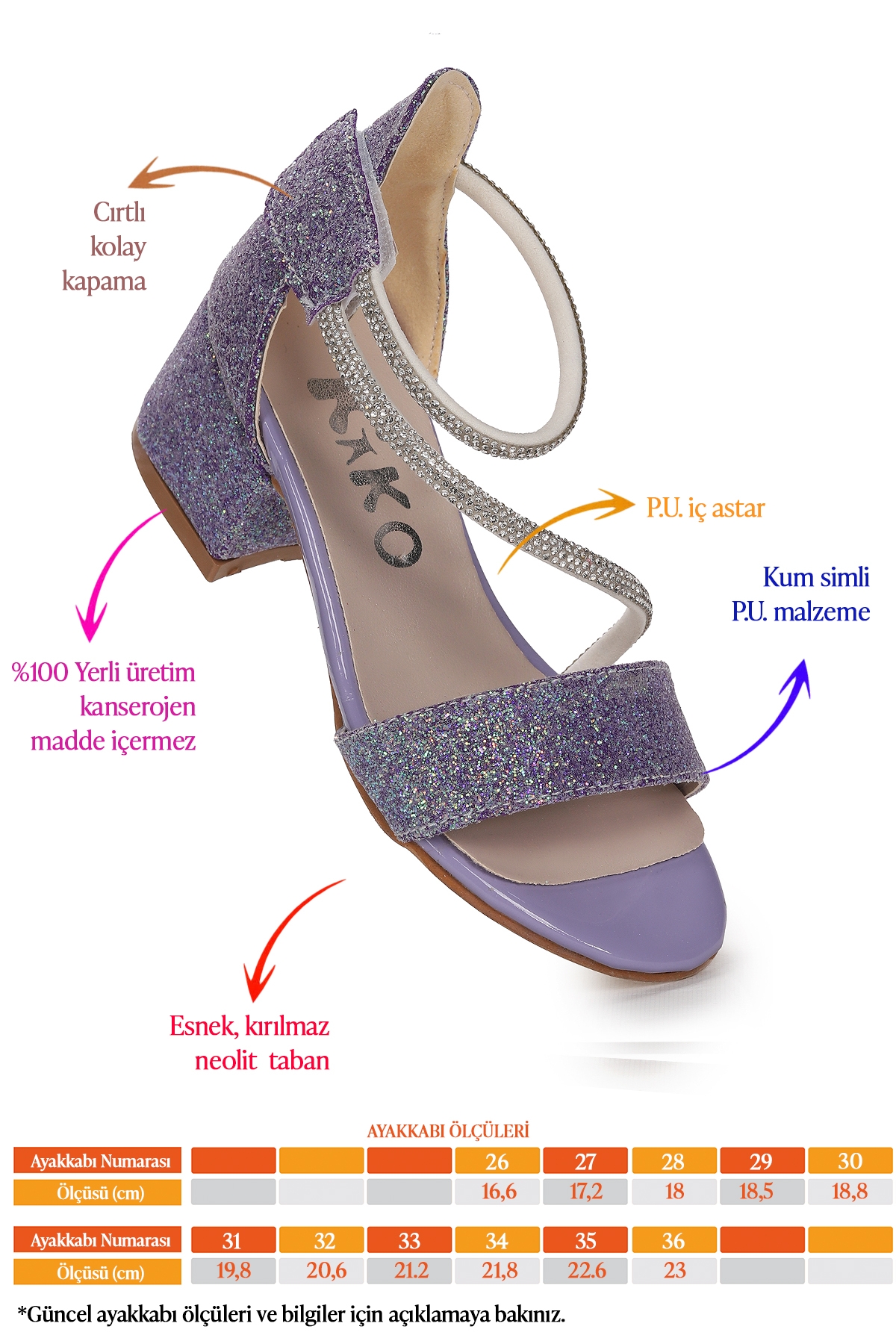 Pisar Kum Simli Günlük Kız Çocuk 4 Cm Topuklu Sandalet Abiye Ayakkabı Lila - Görsel 3