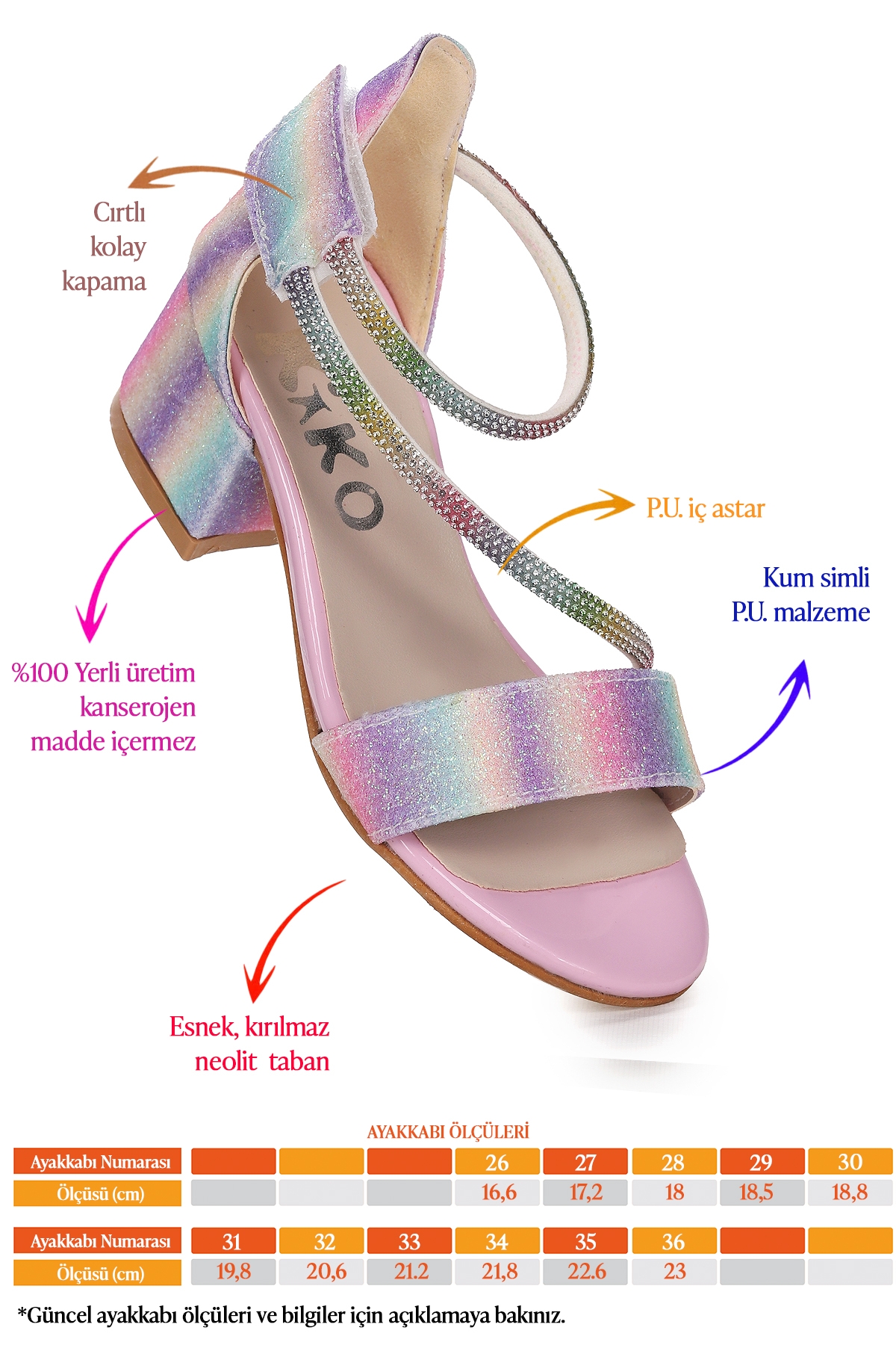 Pisar Kum Simli Günlük Kız Çocuk 4 Cm Topuklu Sandalet Abiye Ayakkabı Gök Kuşağı - Görsel 3