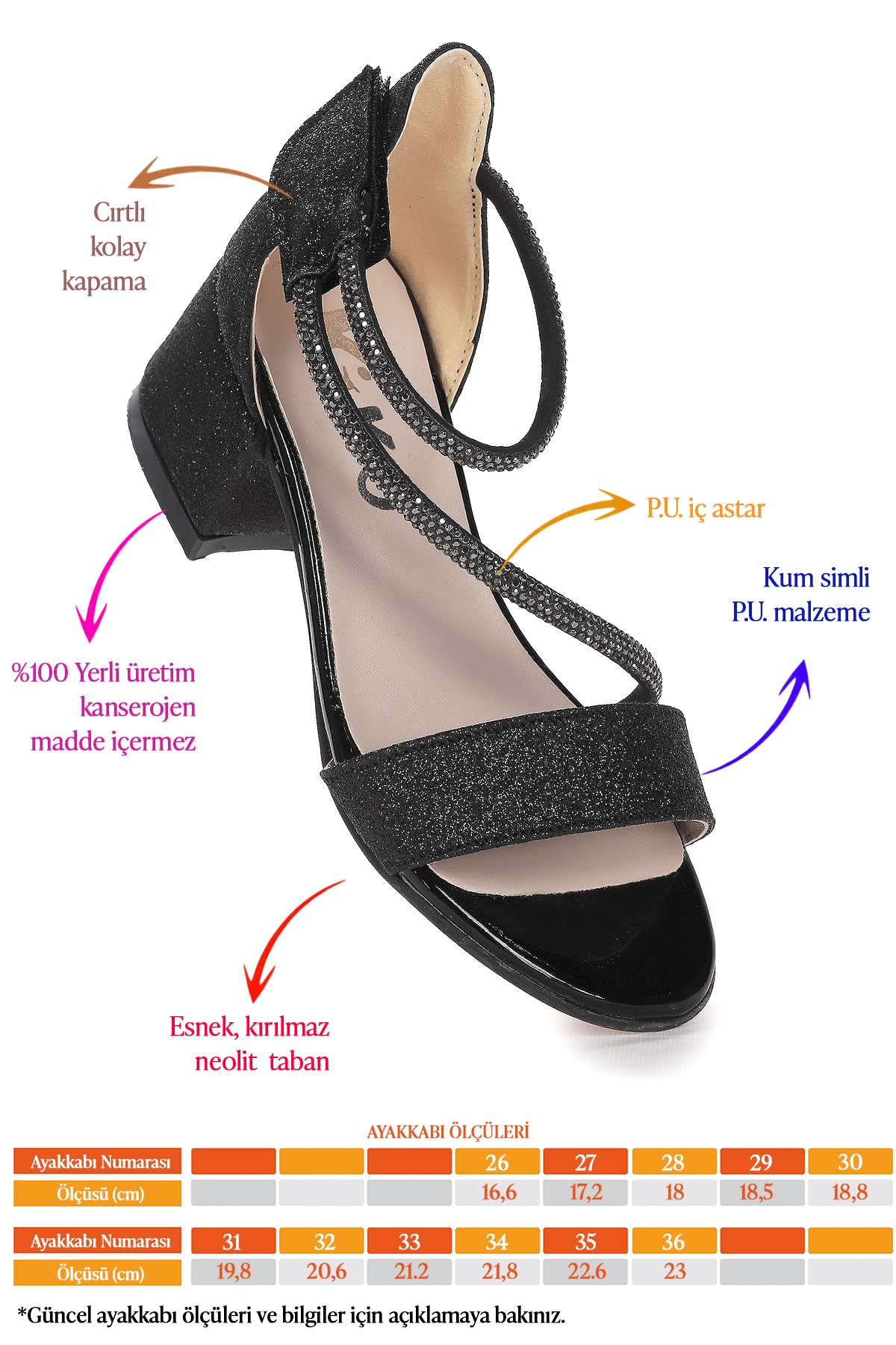 Pisar Kum Simli Günlük Kız Çocuk 4 Cm Topuklu Sandalet Abiye Ayakkabı Siyah - Görsel 3