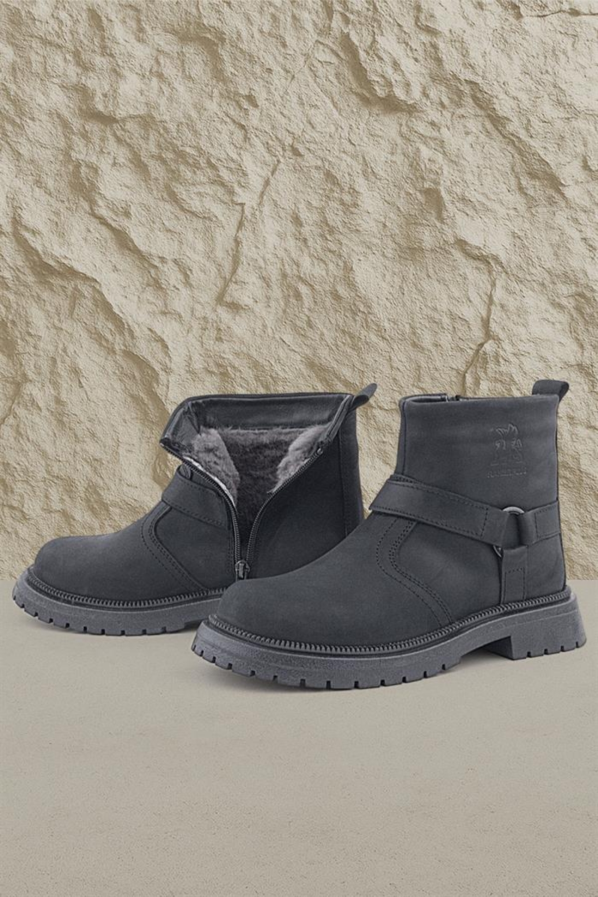 Gerçek Kürklü Hakiki Deri Siyah Nubuk Fermuarlı Çocuk Bot - Görsel 3