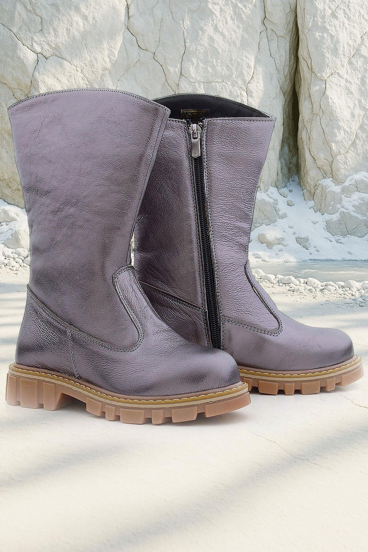 Hakiki Deri Platin Fermuarlı Uzun Kız Çocuk Çizme - Görsel 2