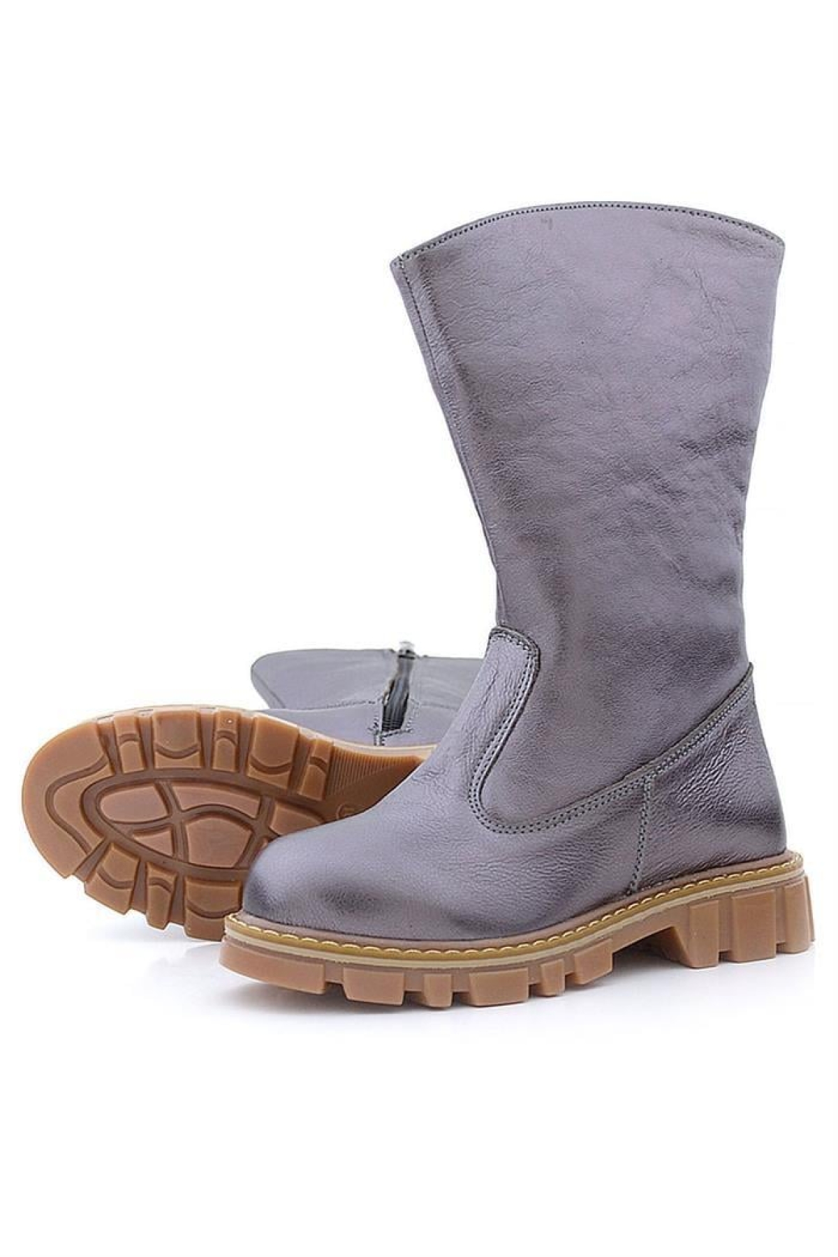 Hakiki Deri Platin Fermuarlı Uzun Kız Çocuk Çizme - Görsel 8