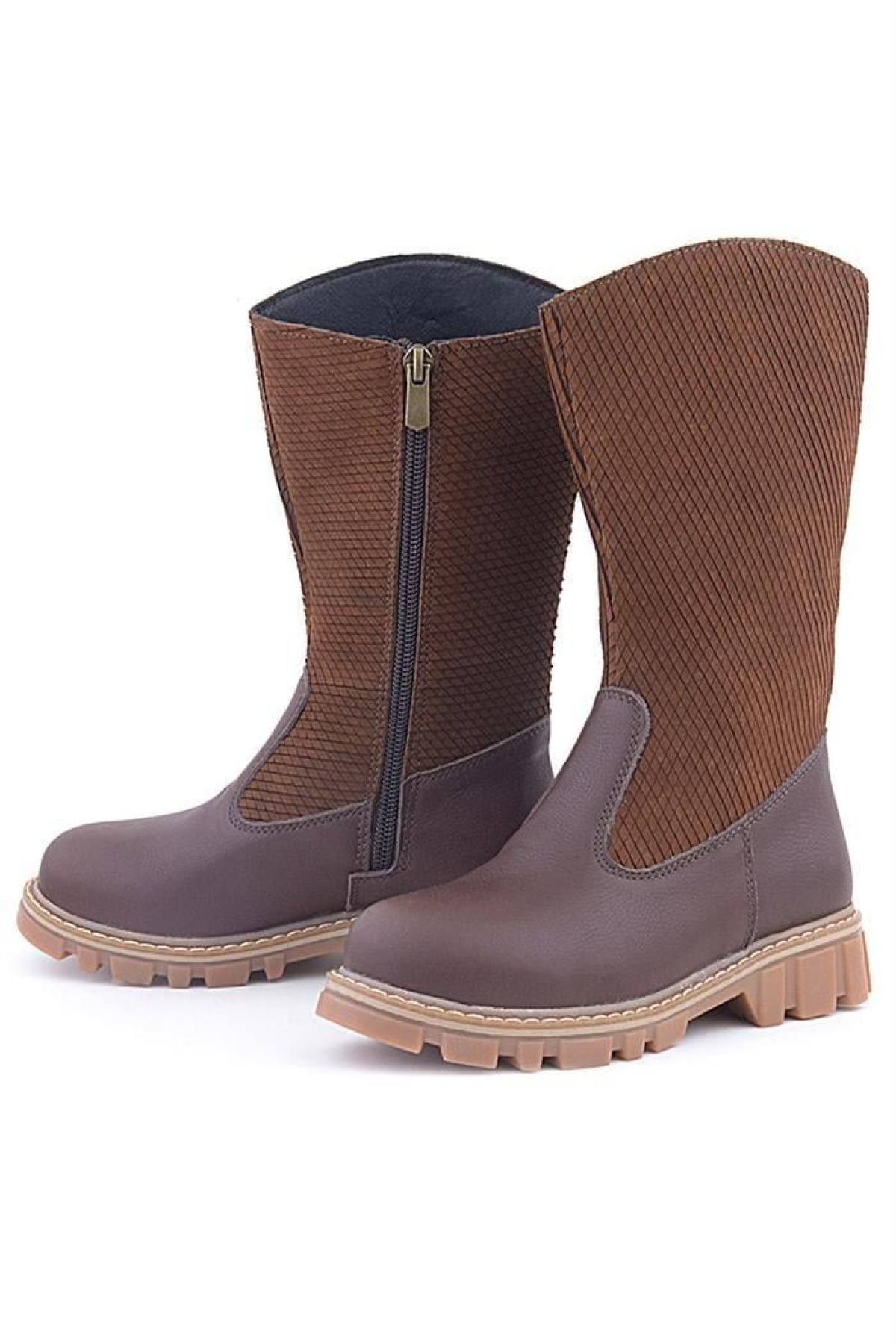 Hakiki Deri Taba Kahve Fermuarlı Uzun Kız Çocuk Çizme - Görsel 6