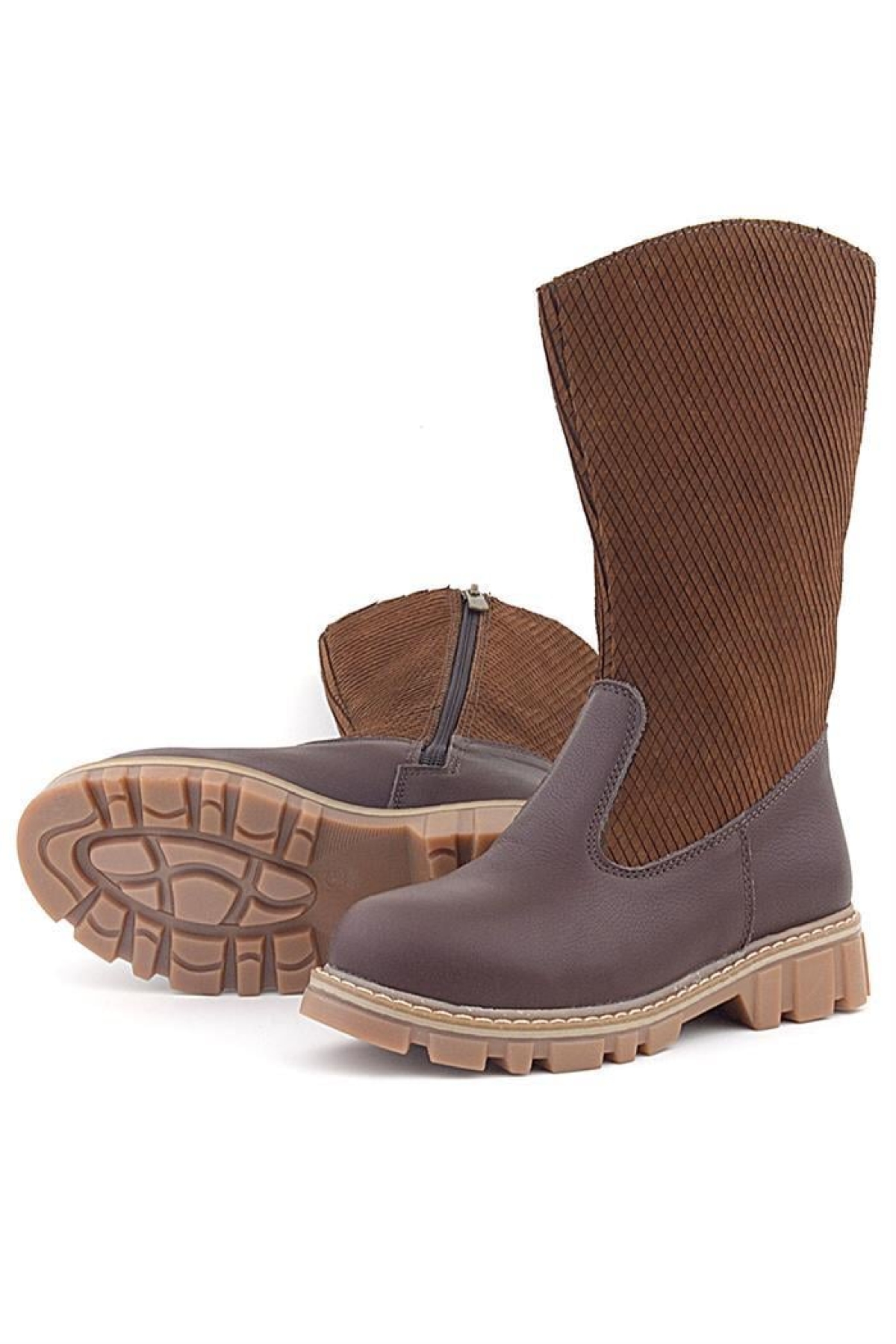Hakiki Deri Taba Kahve Fermuarlı Uzun Kız Çocuk Çizme - Görsel 7