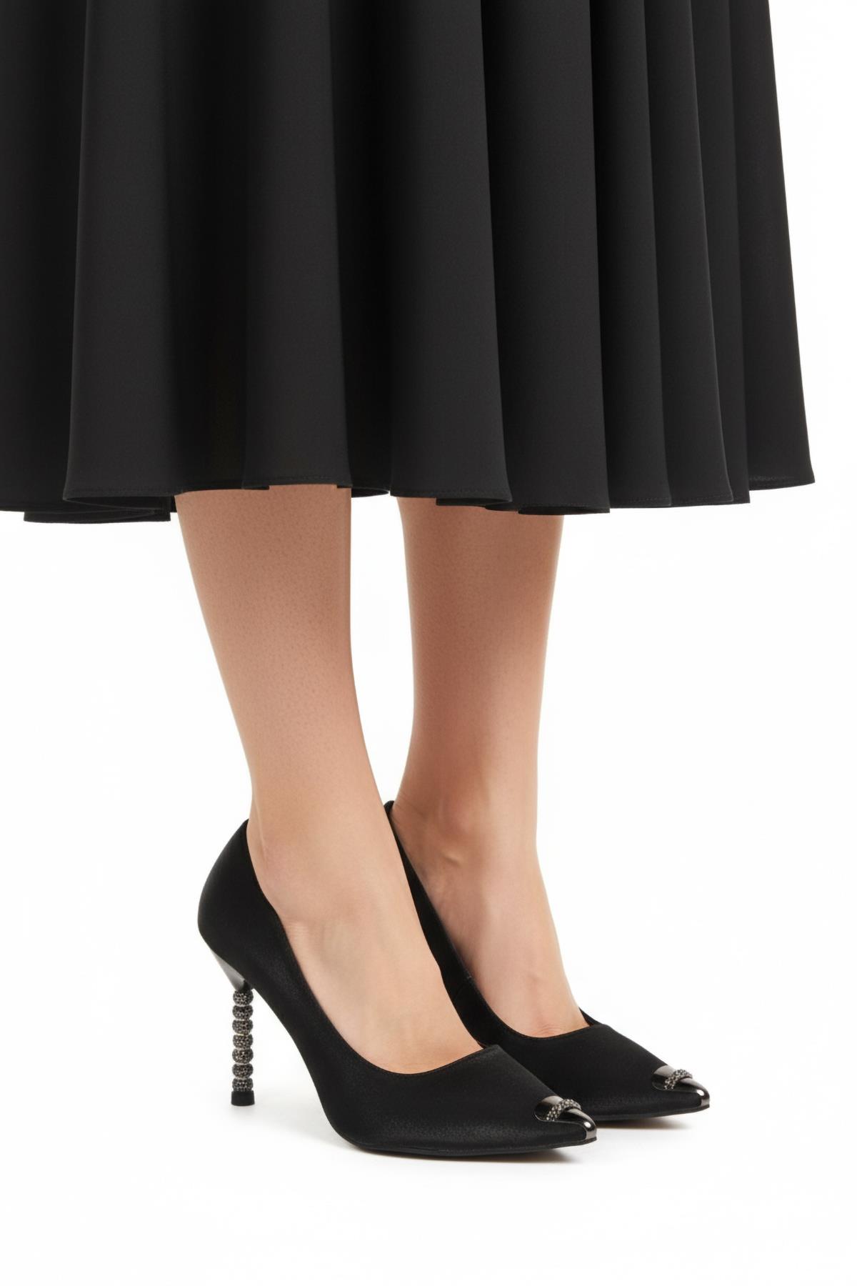 357191 Z Siyah Saten Kadın Topuklu Ayakkabı - Görsel 4