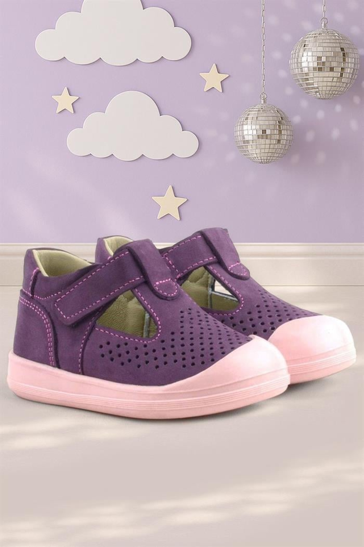 Shaun Hakiki Deri Mor Cırtlı Anatomik Bebek Sandalet - Görsel 2