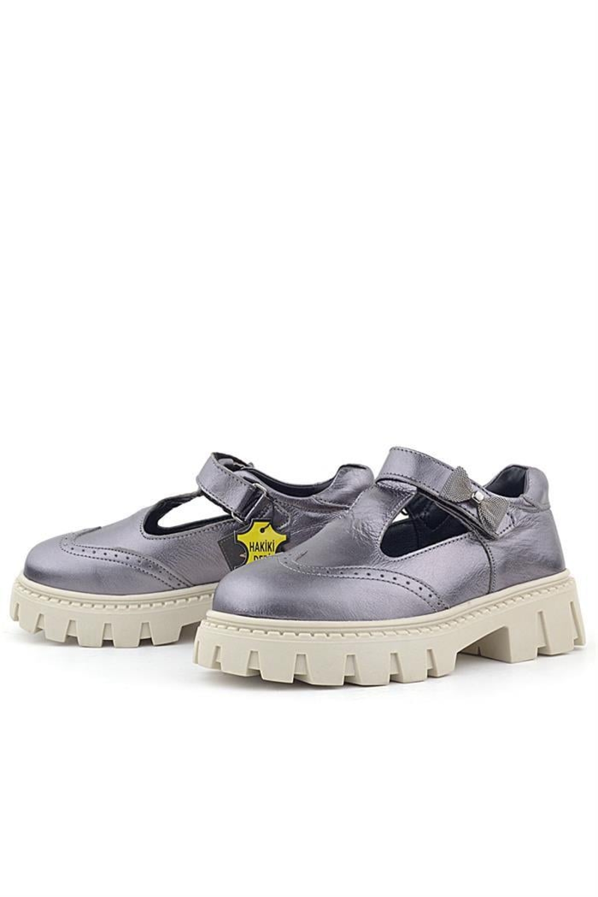 Hakiki Deri Platin Krem Tabanlı Cırtlı Kurdeleli Kız Çocuk Okul Ayakkabı - Görsel 5