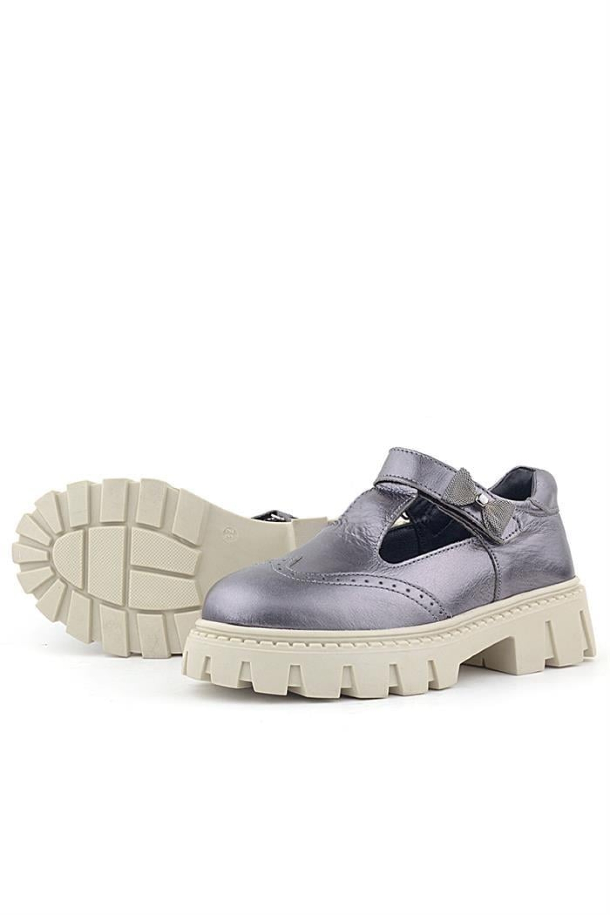 Hakiki Deri Platin Krem Tabanlı Cırtlı Kurdeleli Kız Çocuk Okul Ayakkabı - Görsel 6